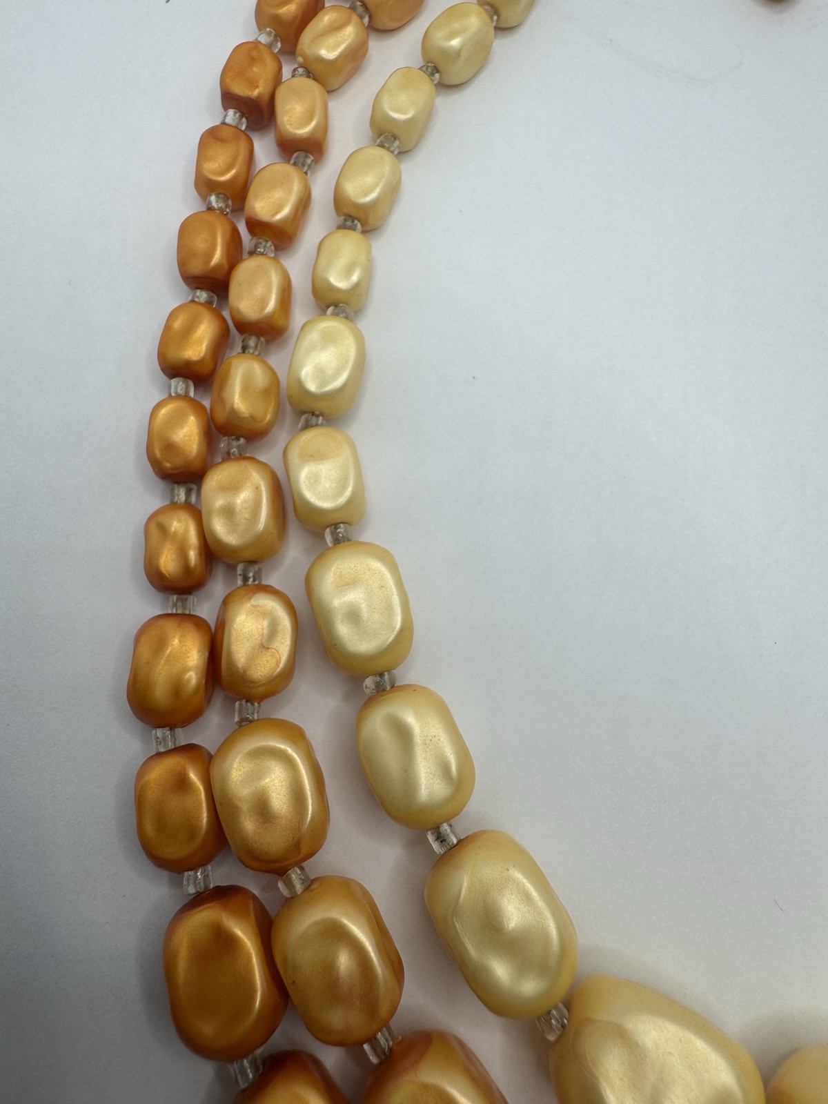 VTG 50’s Triple Strand Beaded Cream Gold Orange Faux Pearl Necklace HONG KONG