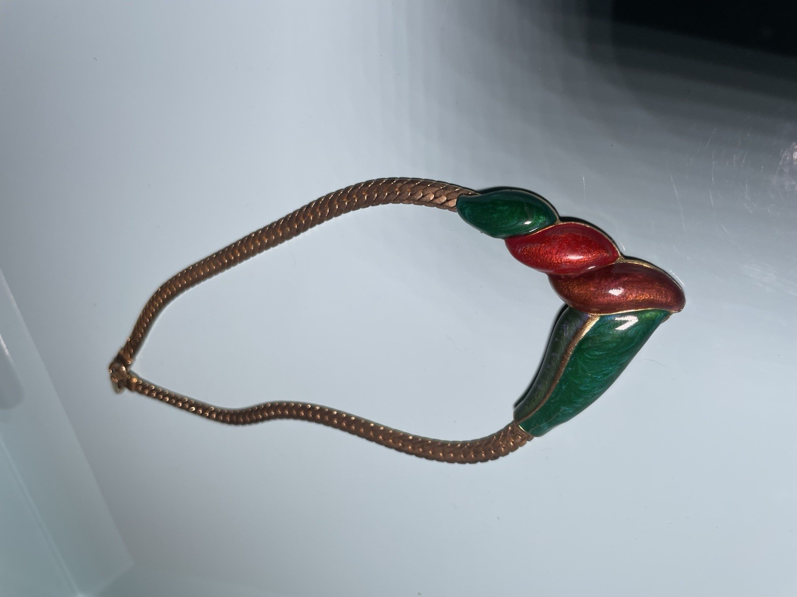 Vintage Enamel Statement Necklace Green Red Gold Tone Snake Chain Retro