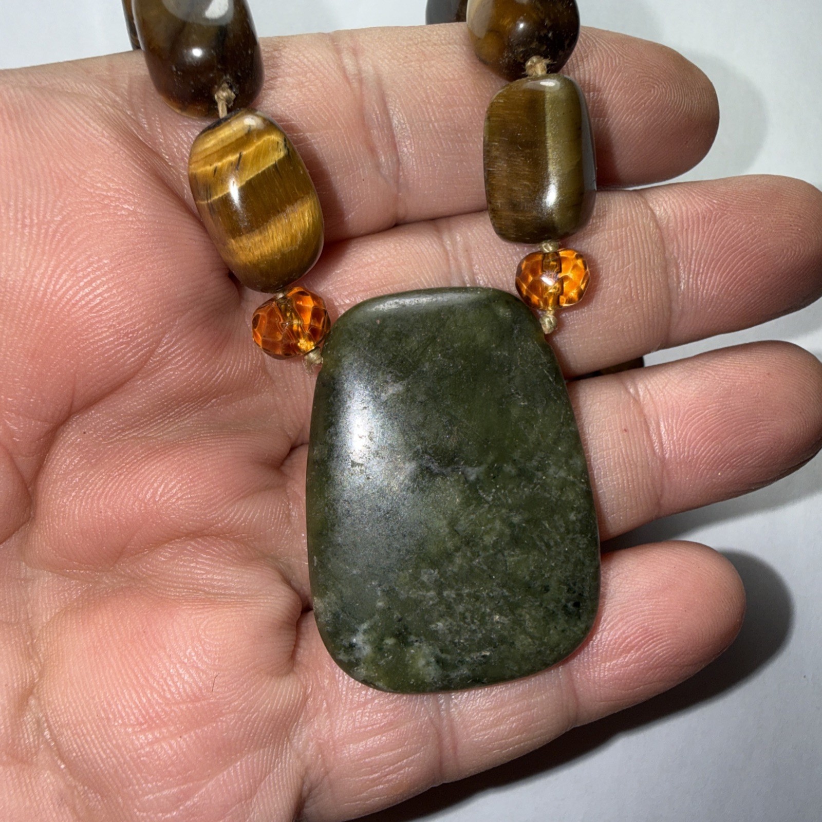 Necklace Big Jade Pendant Big Tigers Eye Beads Faceted Citrine Crystal 17” Old
