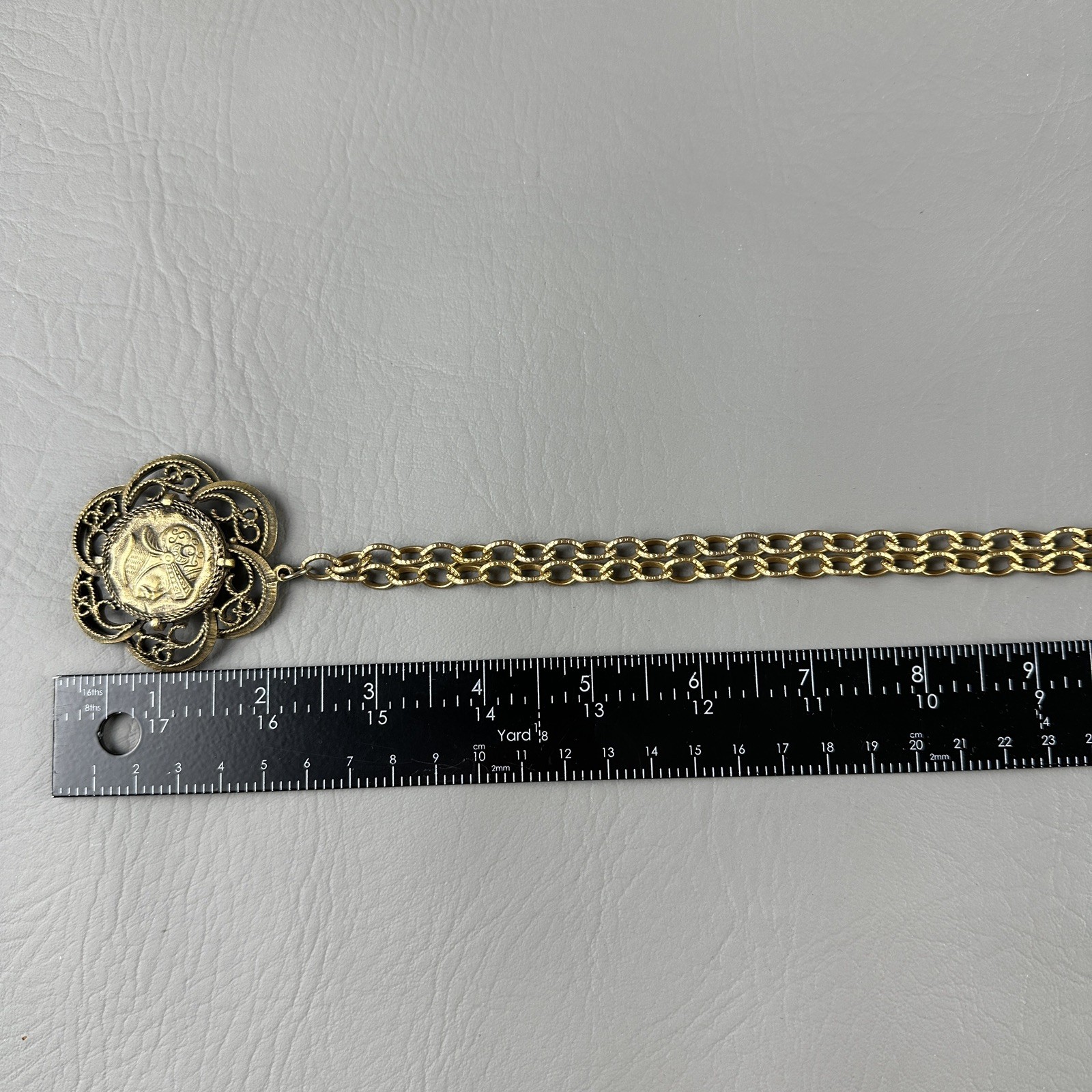 Vintage Medallion Necklace Gold Tone Coin Filigree Pendant Heraldic 35″