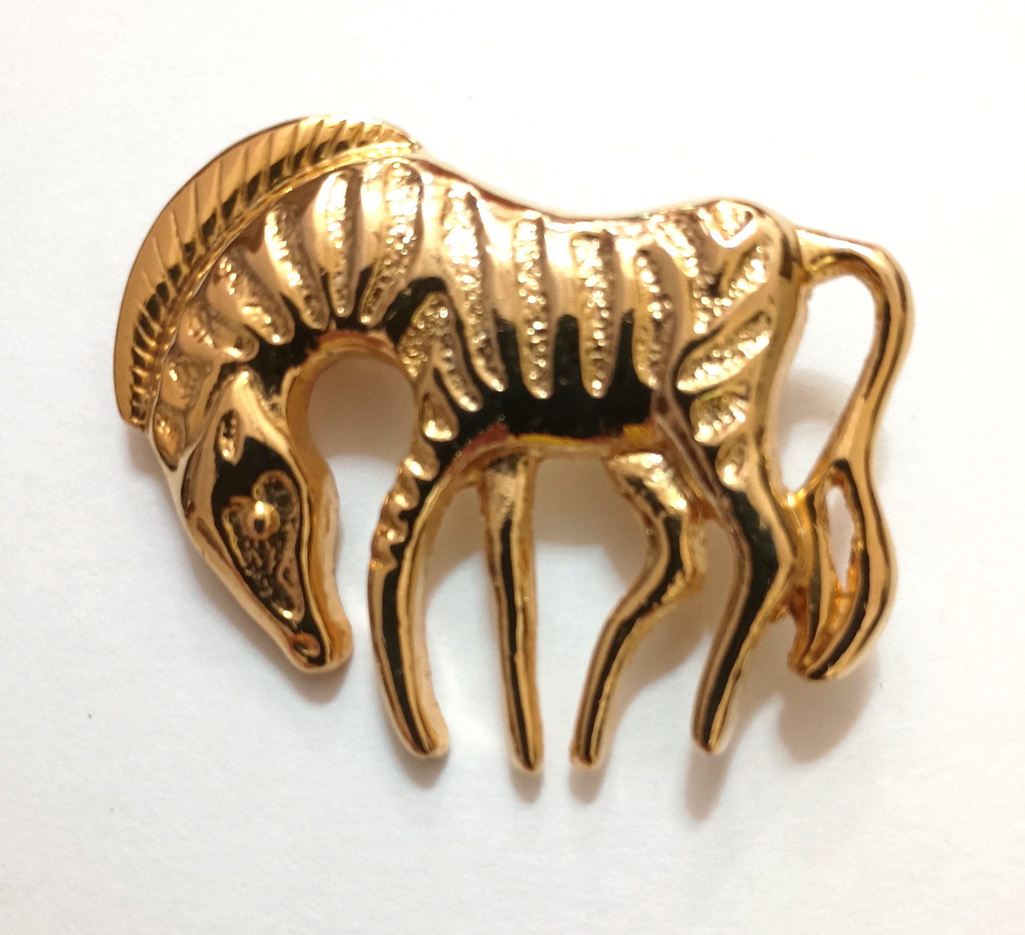 Vintage Zebra Brooch Gold Tone Safari Animal Pin Black White Striped Statement