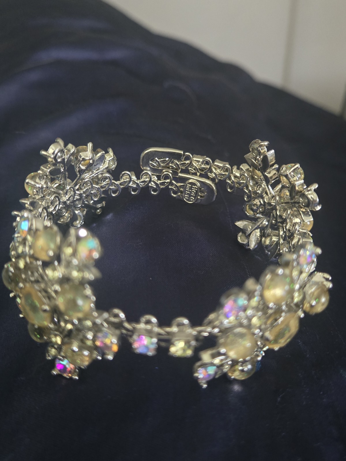 Vintage Tiara Misu Floral Cluster Link Bracelet Silver Tone AB Rhinestones