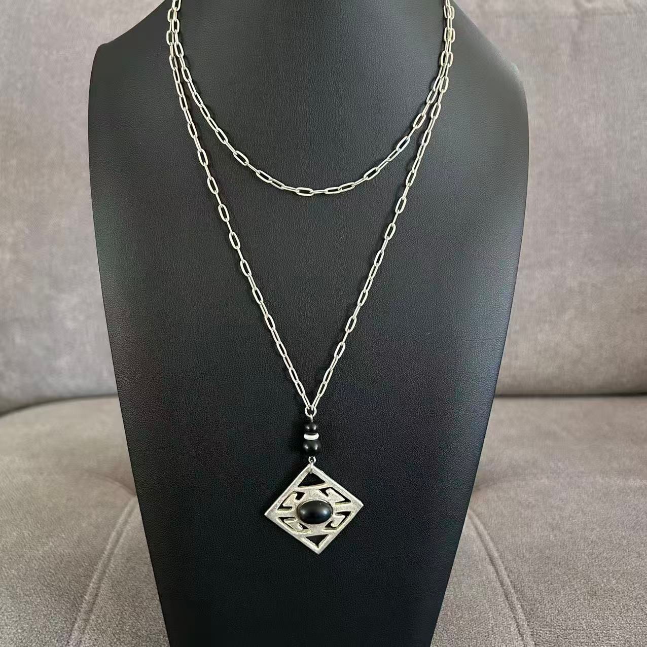 Vintage Modernist Geometric Pendant Necklace Simulated Black Onyx ~36”