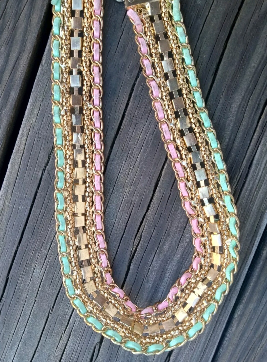Colorful Pastel Necklace Braided Leather And Multi Colored rhinestones 15″