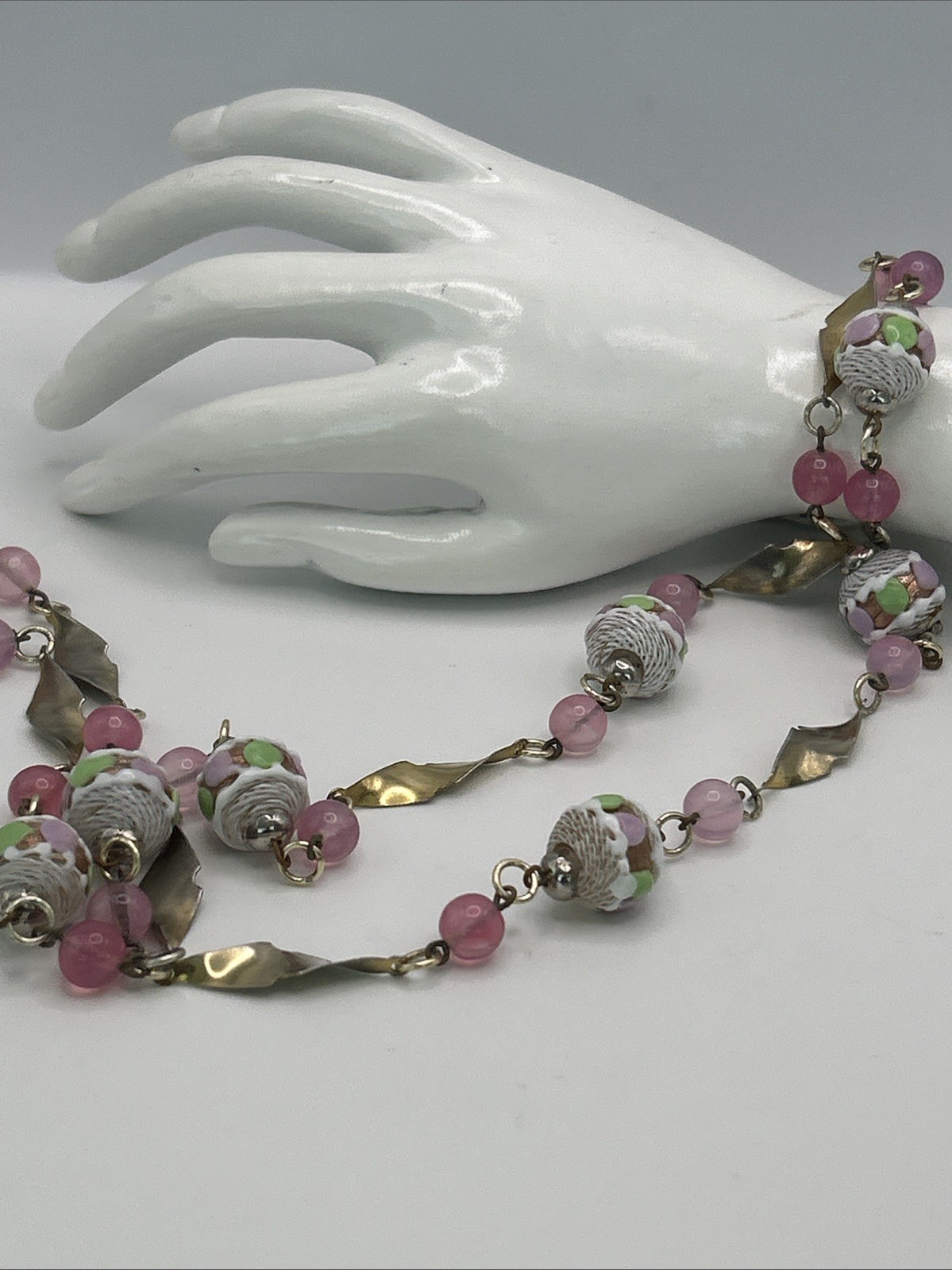 Venetian Italy Latticino Necklace Pink Green Purple White Gold Tone 1920’s VTG
