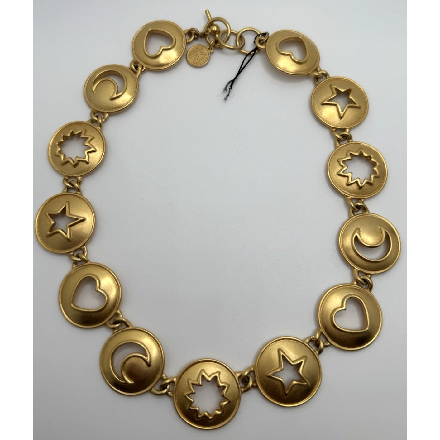 Vintage Anne Klein Necklace Matte Gold Tone Heart Star Moon Cut Out Round Link