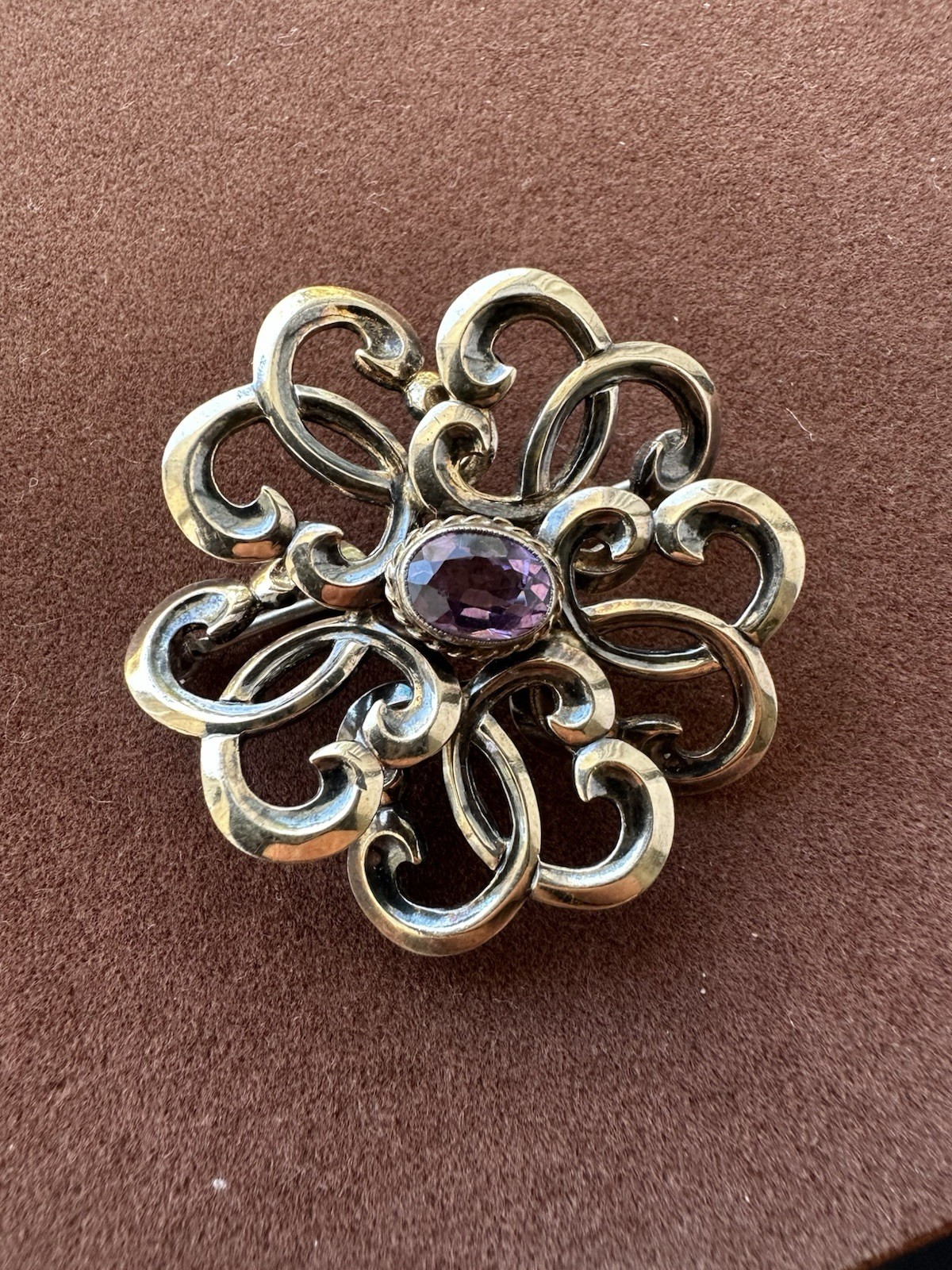 Vintage Victorian Sterling Silver Purple Amethyst Cabochon Gold Plate Brooch