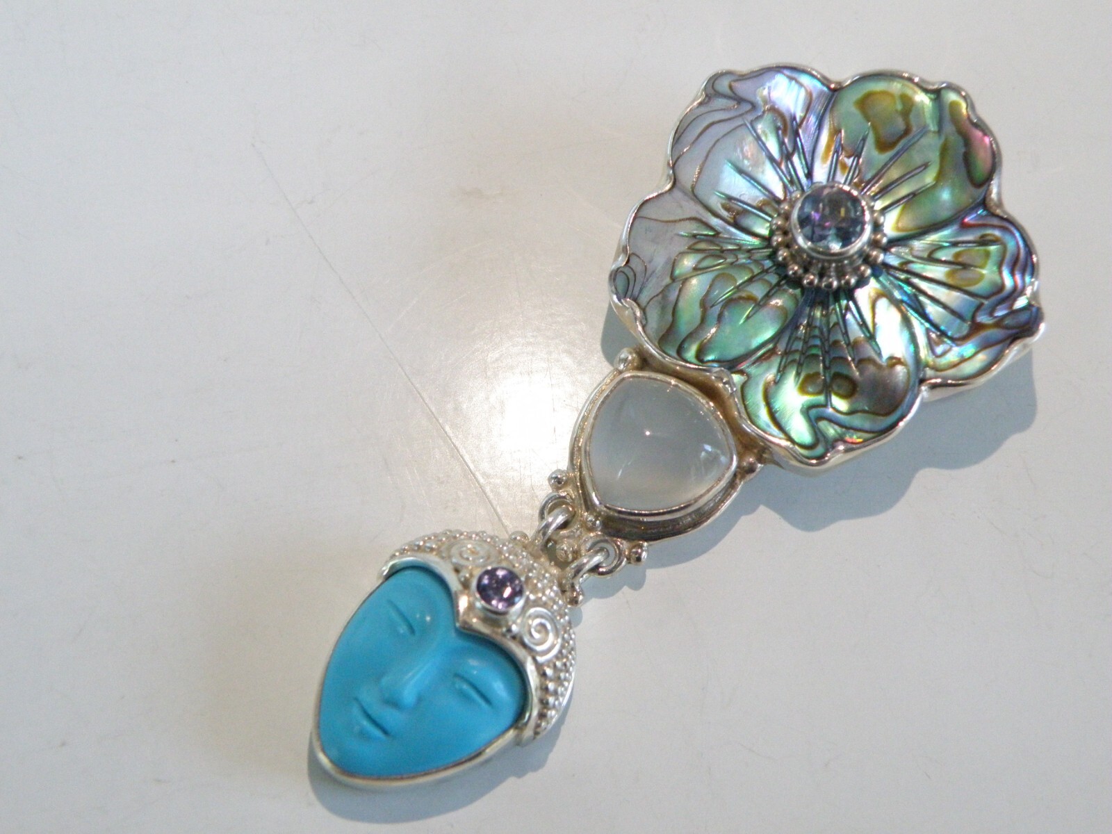 Sajen Sterling Silver 925 Large Carved Turquoise Goddess Brooch Pin Pendant