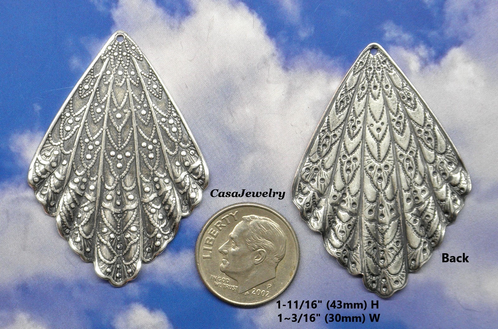 #0080 ANTIQUED STERLING SILVER PLATED RIPPLED DROP W/TOP HANG HOLE – 2 Pc Lot