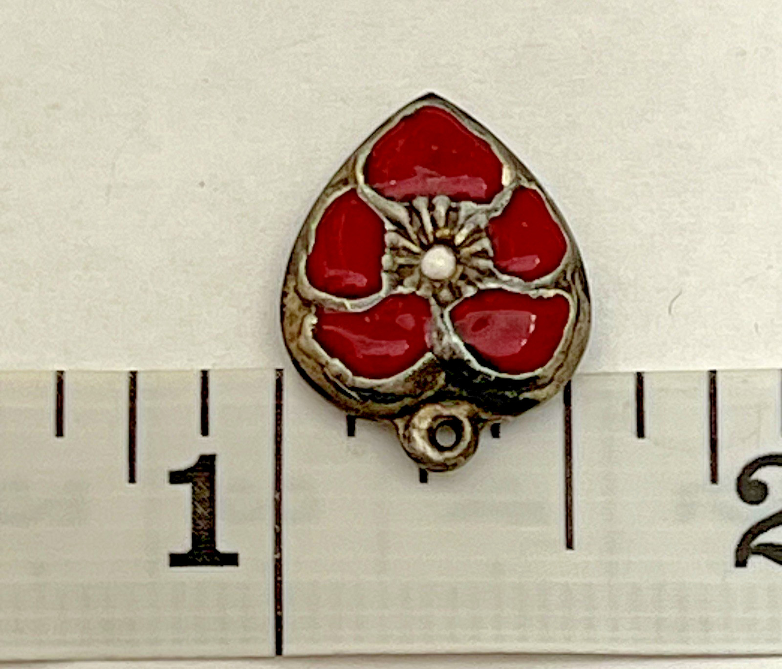 Sterling Silver Heart Flower Charm Puffy Enamel Pansy 925 Vintage Stamped Red US