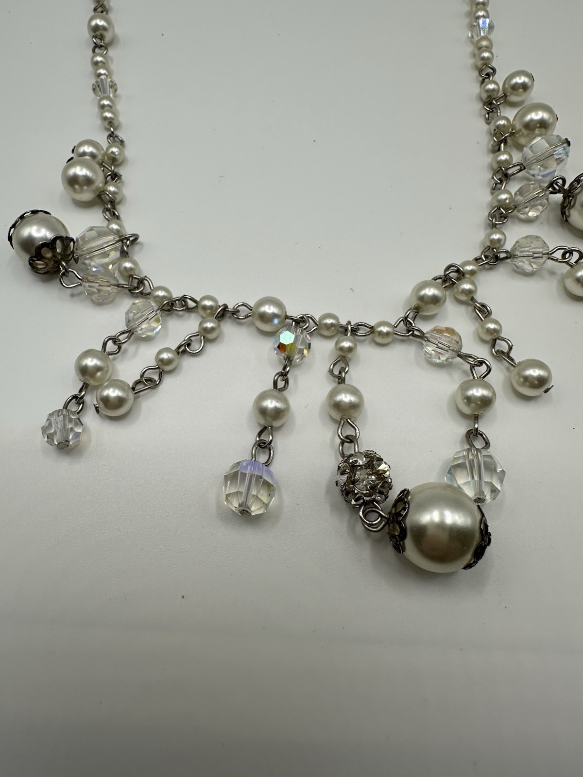 Vintage Faux Pearl AB Acrylic Crystal Fringe Bridal Necklace 16”