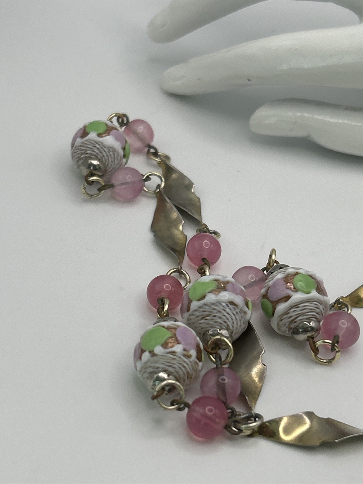 Venetian Italy Latticino Necklace Pink Green Purple White Gold Tone 1920’s VTG