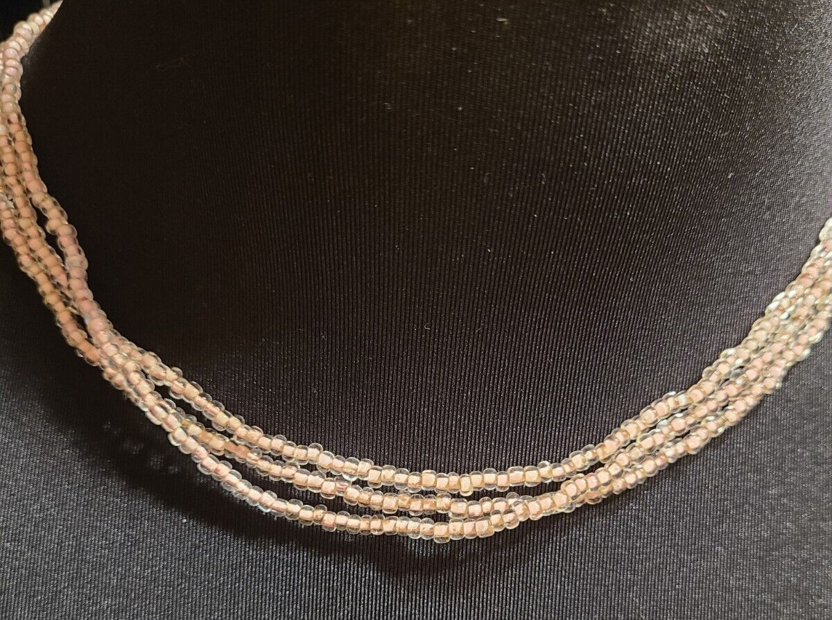 VINTAGE STUNNING 3 STRAND BABY PINK GLASS NECKLACE