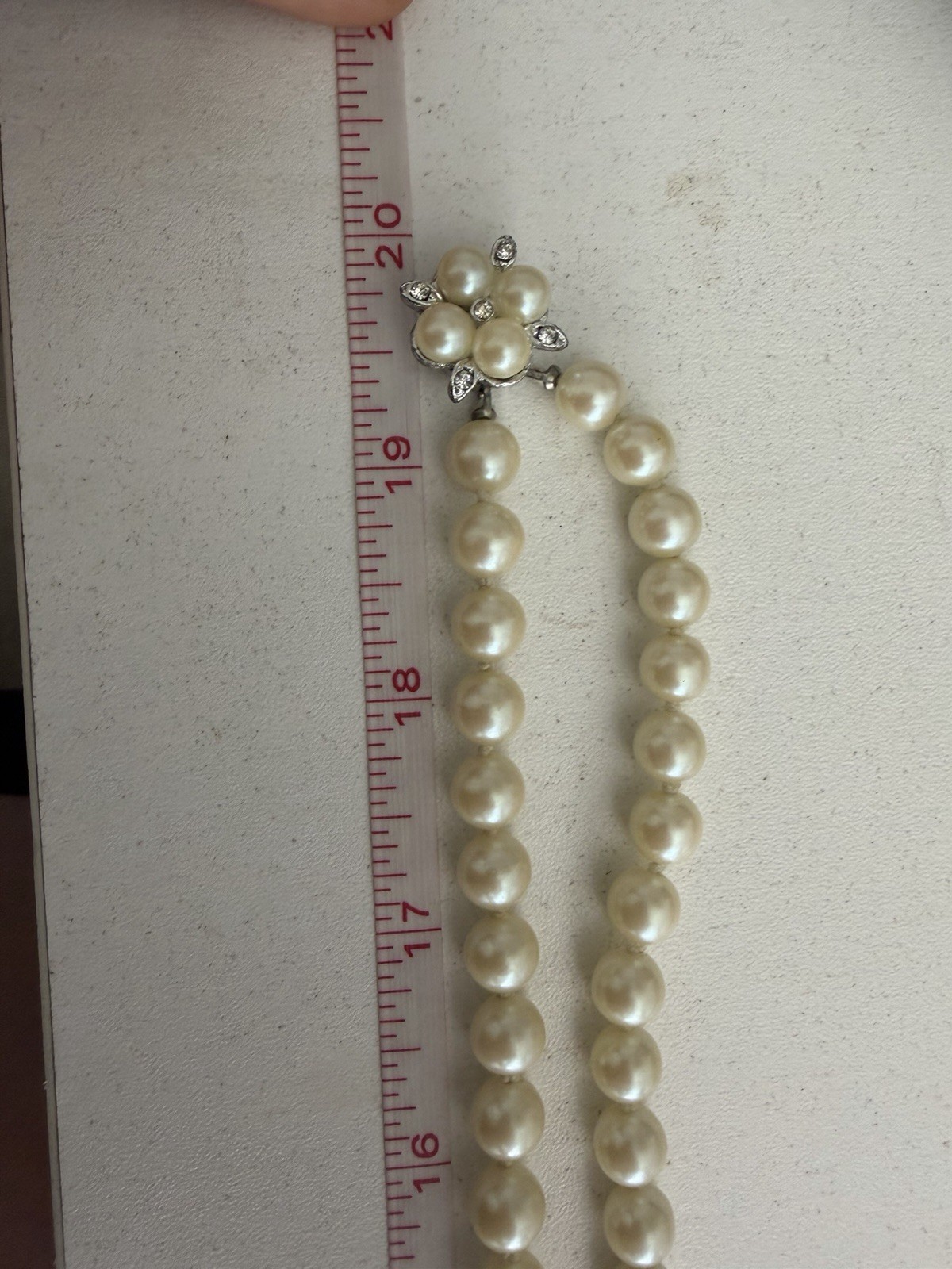 Double Strand Ivory Faux Pearl Beaded Necklace Rhinestone Floral Clasp 16in