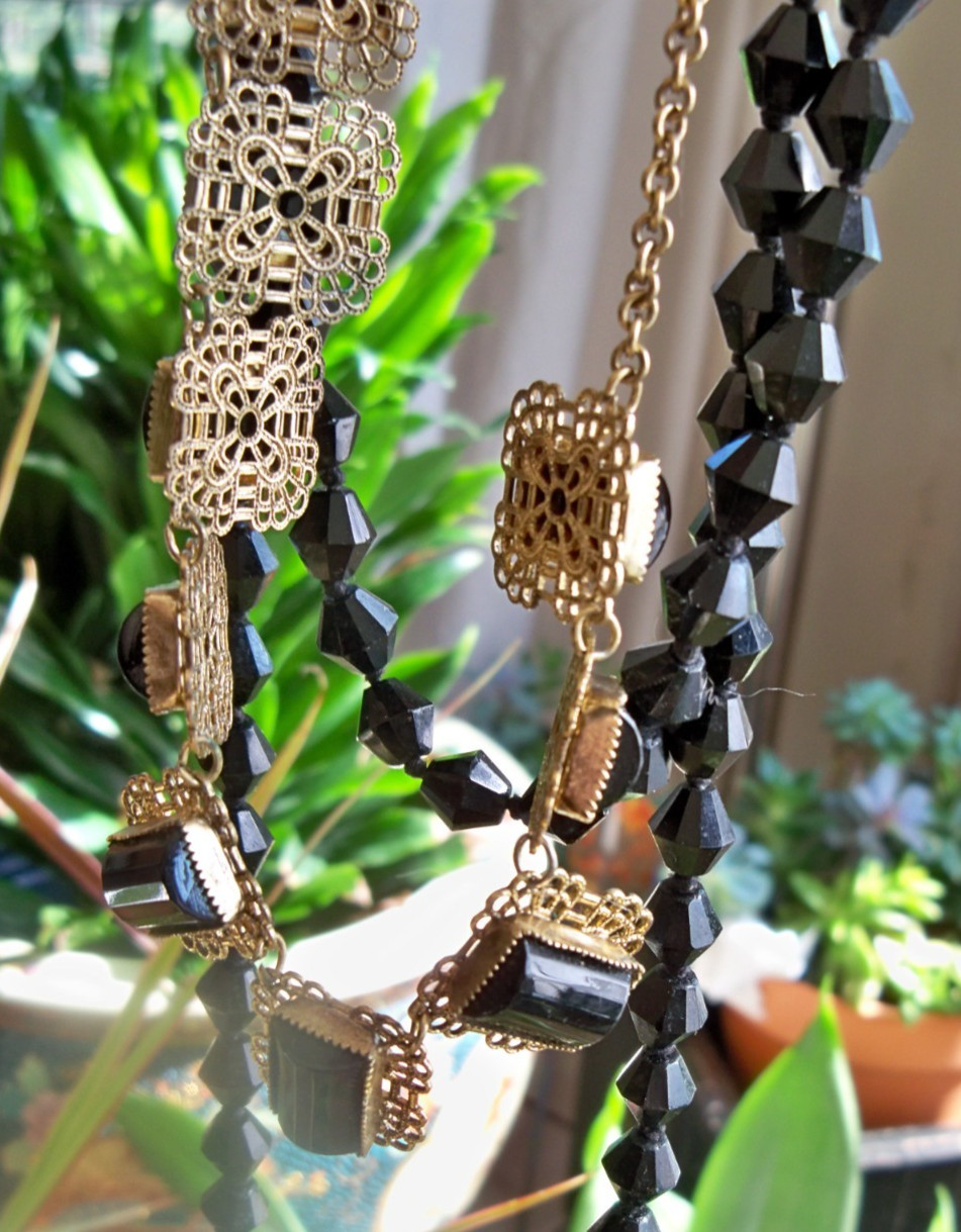 WOW 60″ BICONE flapper necklace lot mourning gold tone collar gothic revival