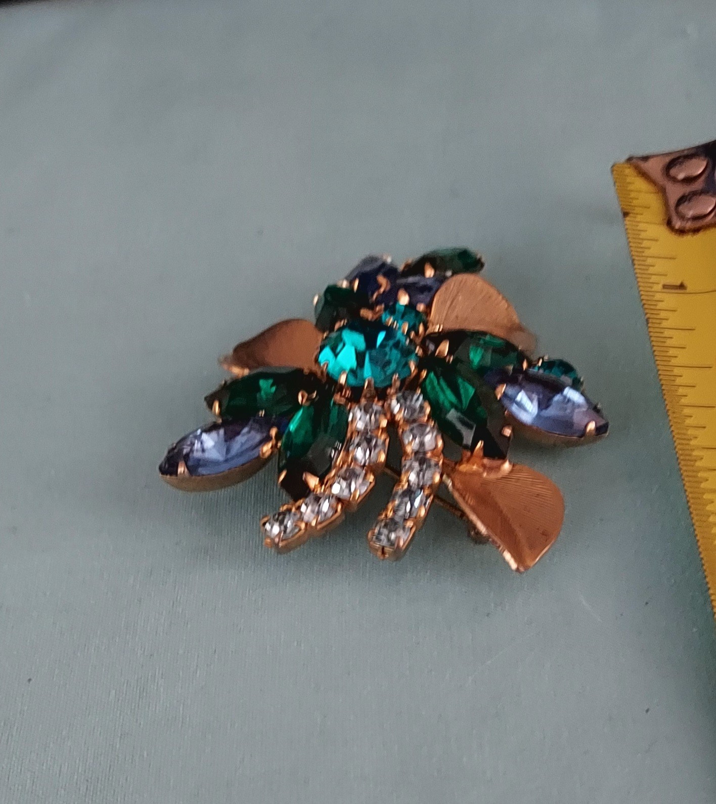 Juliana Delizza Elster Brooch Green And BLUE Rhinestone AB Beads Gold Pin