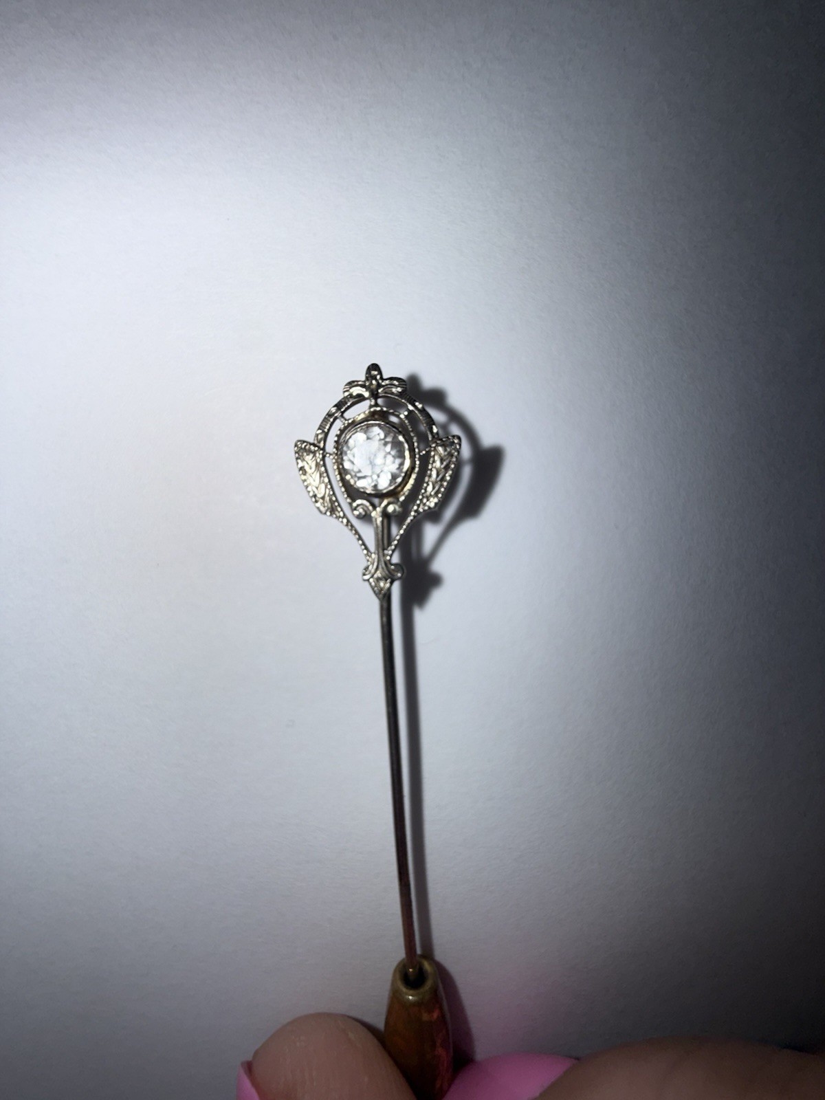 Antique Edwardian 10K Solid White Gold Colorless Topaz Stickpin