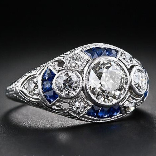 1.35Ct White Round Cut Simulated Diamond Three Stone Art Deco Ring In 925 Silver