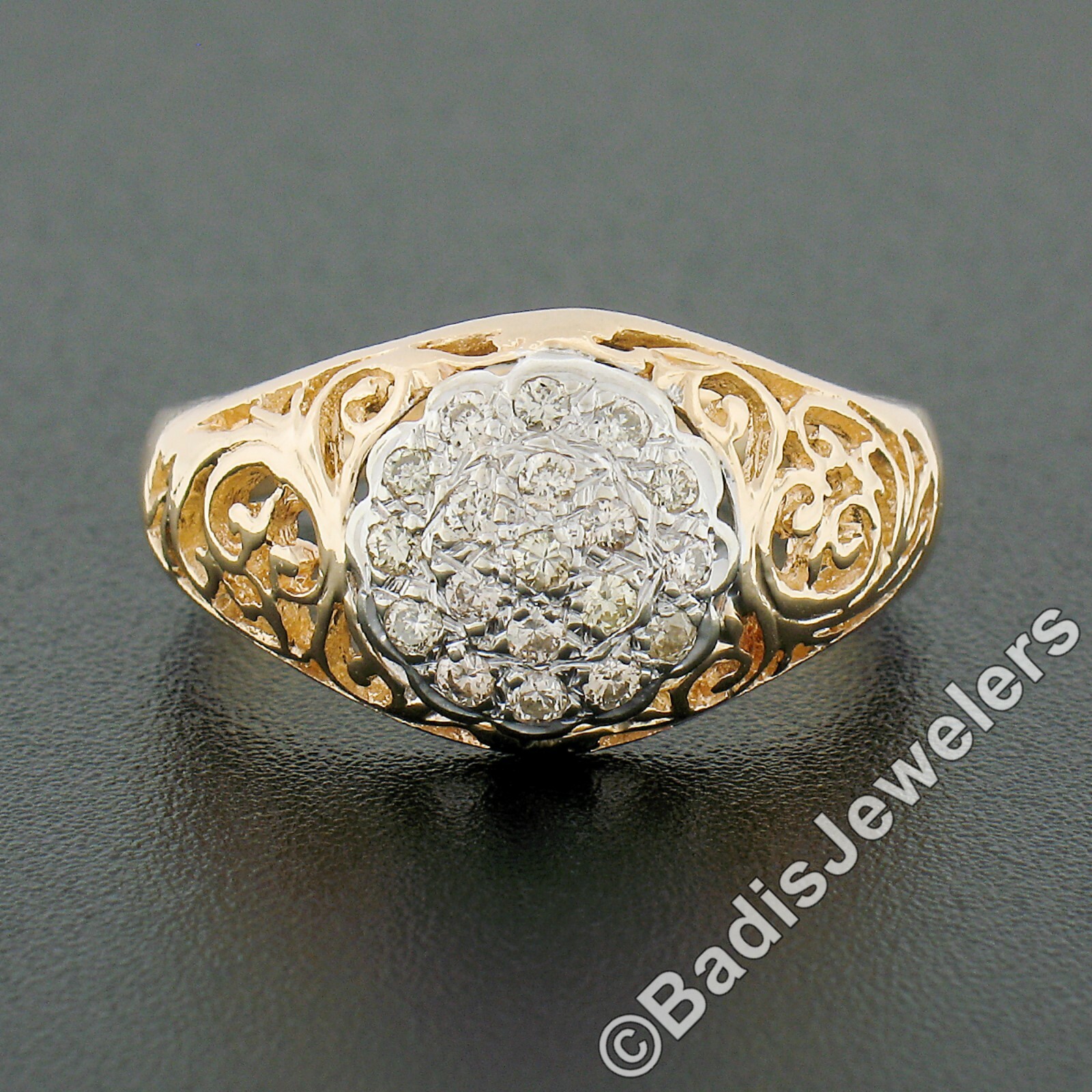 Vintage 14k TT Gold .35ct Round Pave Diamond Cluster Open Scroll Work Domed Ring