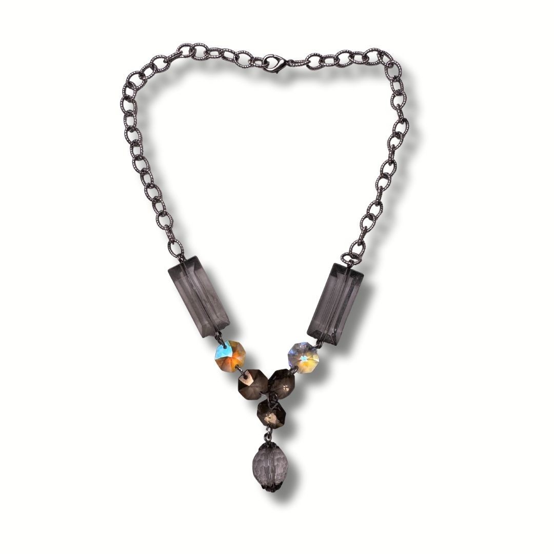 Vintage Faceted Crystal Glass Beaded Necklace Silver Tone Chain Umber Yellow
