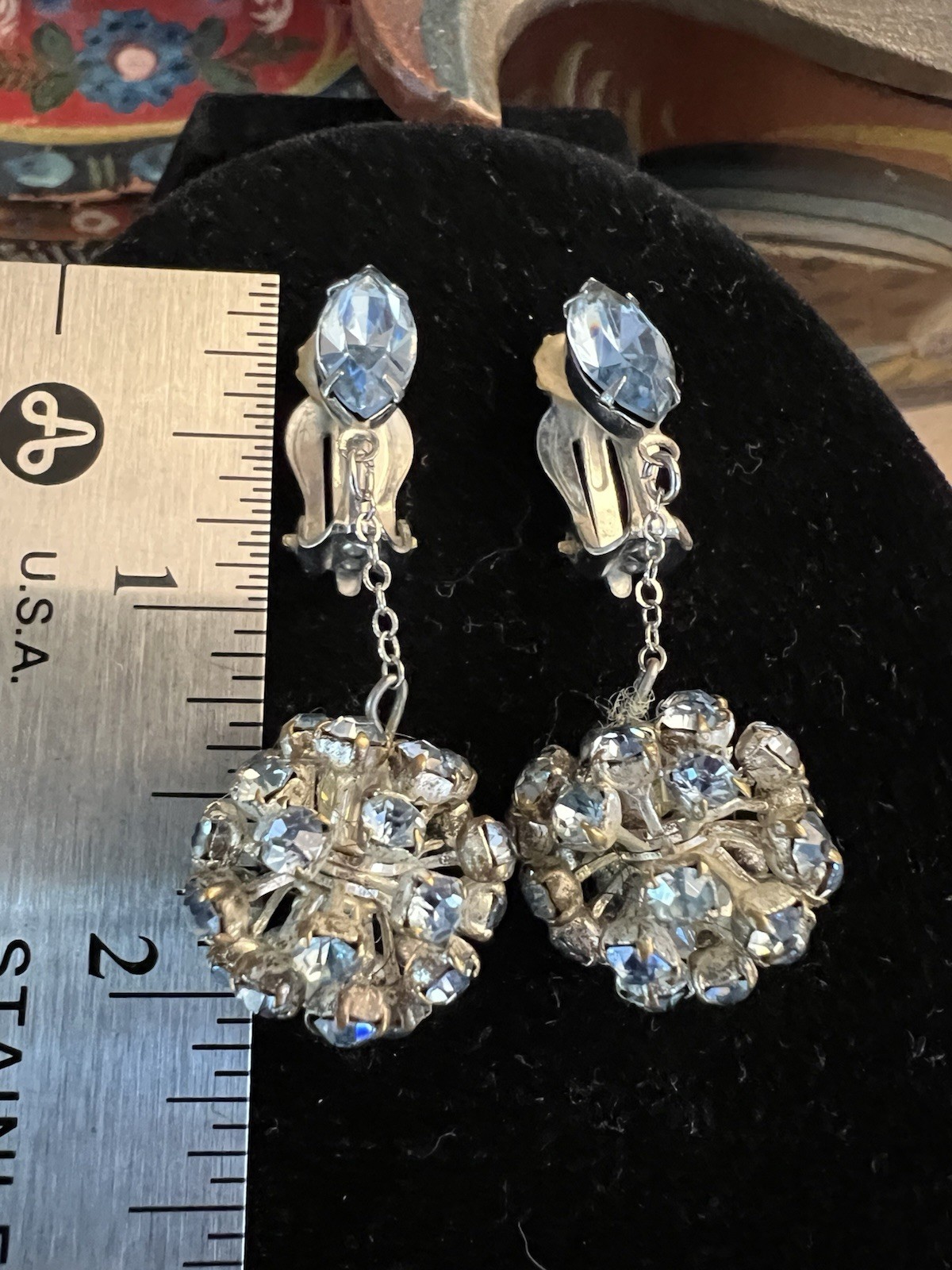 Vintage La Roco Blue Rhinestone Dangle Clip On Earrings, Silver Toned, Signed!