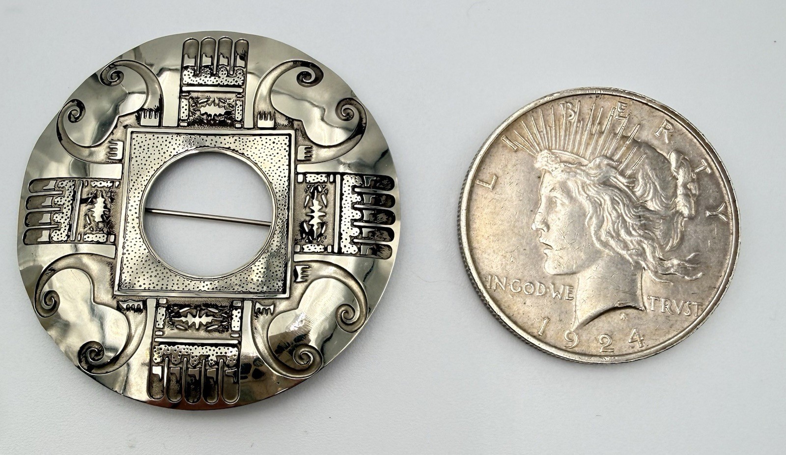 Vtg Modernist Silver Tone Large Circle Brooch Pin Abstract Brutalist Signed AC