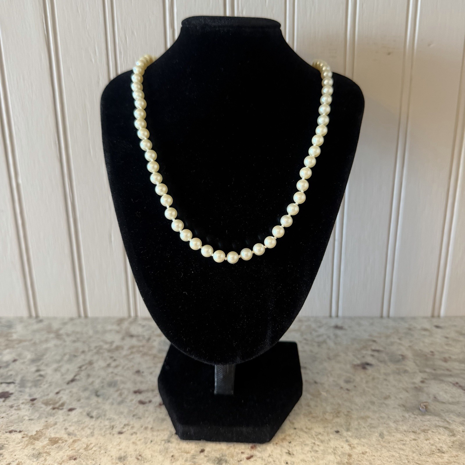 Vintage Monet Faux Pearl Necklace 1950s Filigree Fish Hook Clasp Signed Bridal