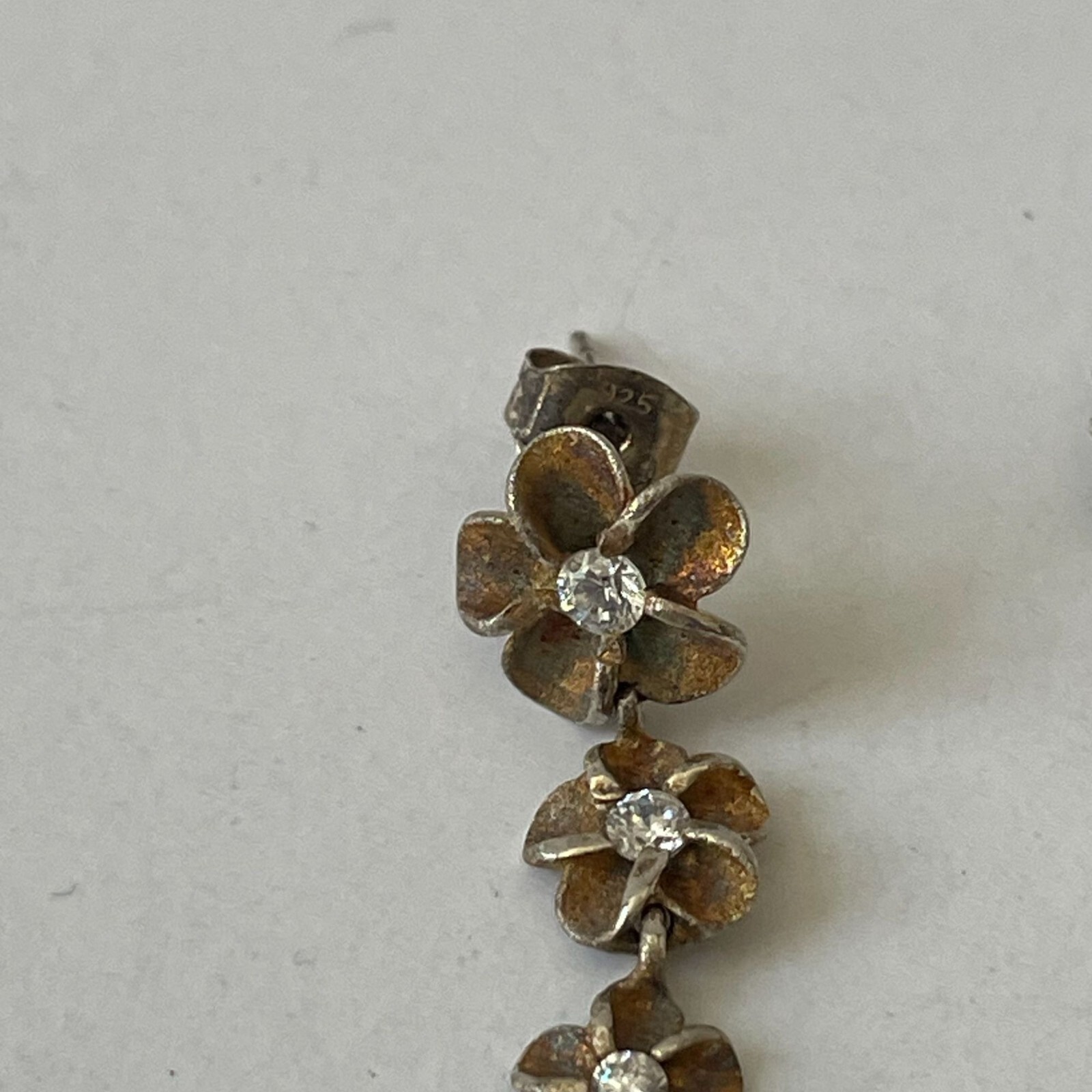2W 925 Sterling Silver Rhinestone Floral Dangle Earrings Vintage Classic Grandma