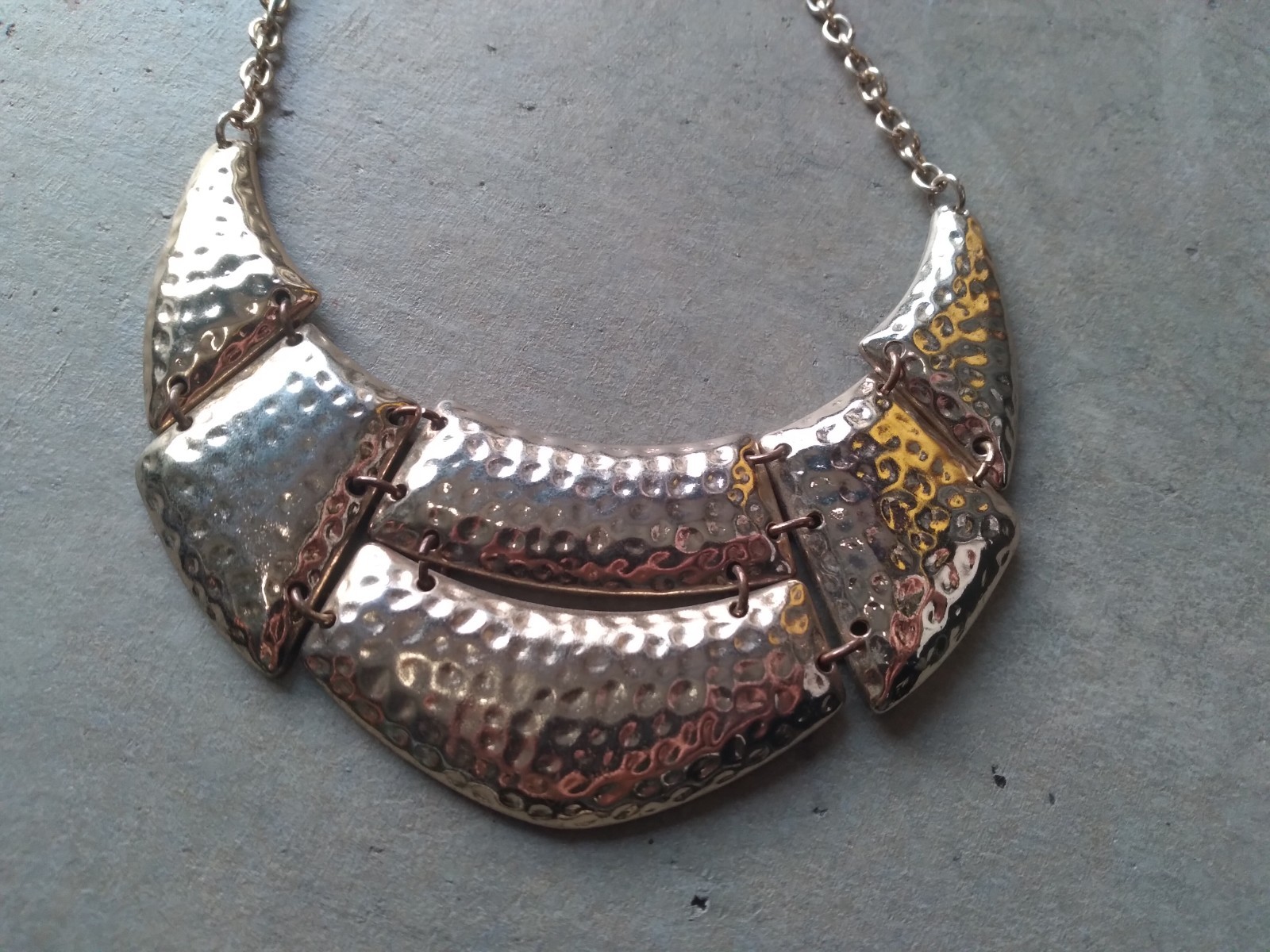 Vintage Hammered Statement Necklace Gold Tone