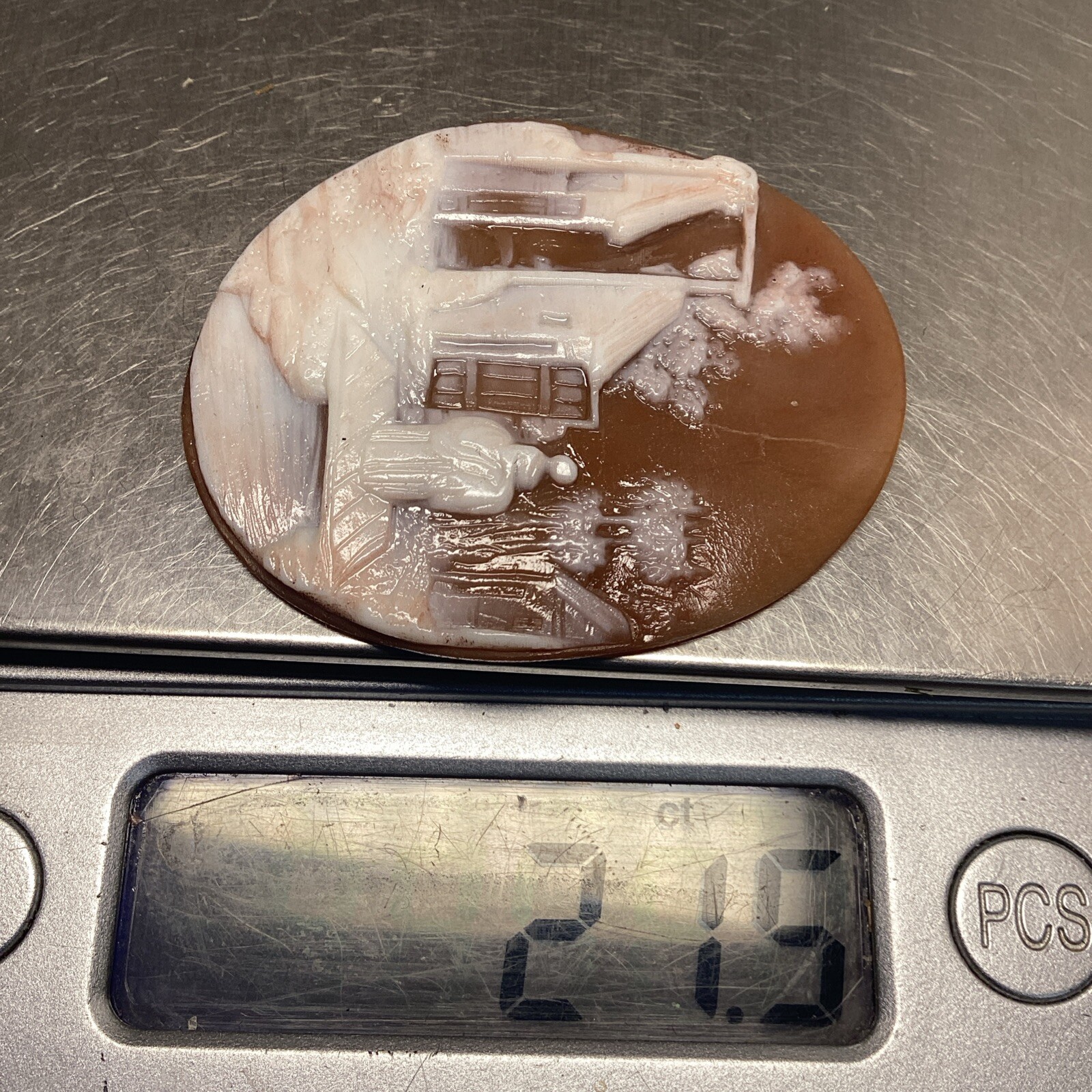 ANTIQUE CARVED SHELL CAMEO, WOMAN WALKING ON BRIDGE, WITH BUILDINGS 41/33mm #131