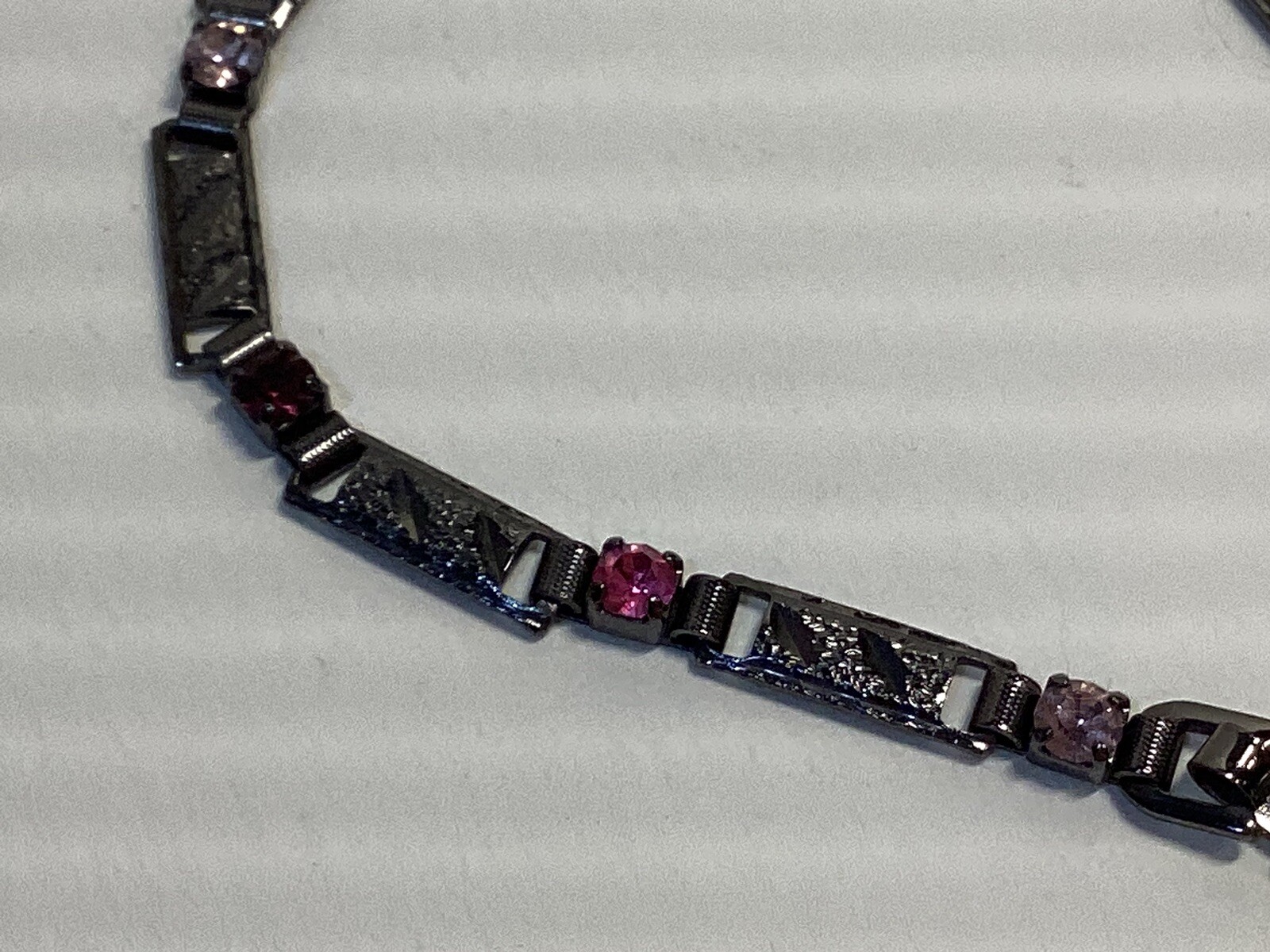 Vintage Gunmetal Purple Pink Rhinestone Tennis Bracelet Etched Links 7”