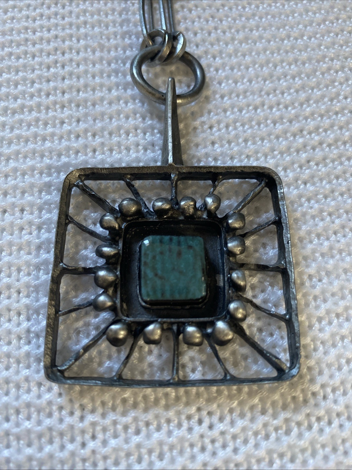 LYSGARGS DESIGN Mid-Century Modernist Pewter & Aqua Ceramic Pendant Necklace #56