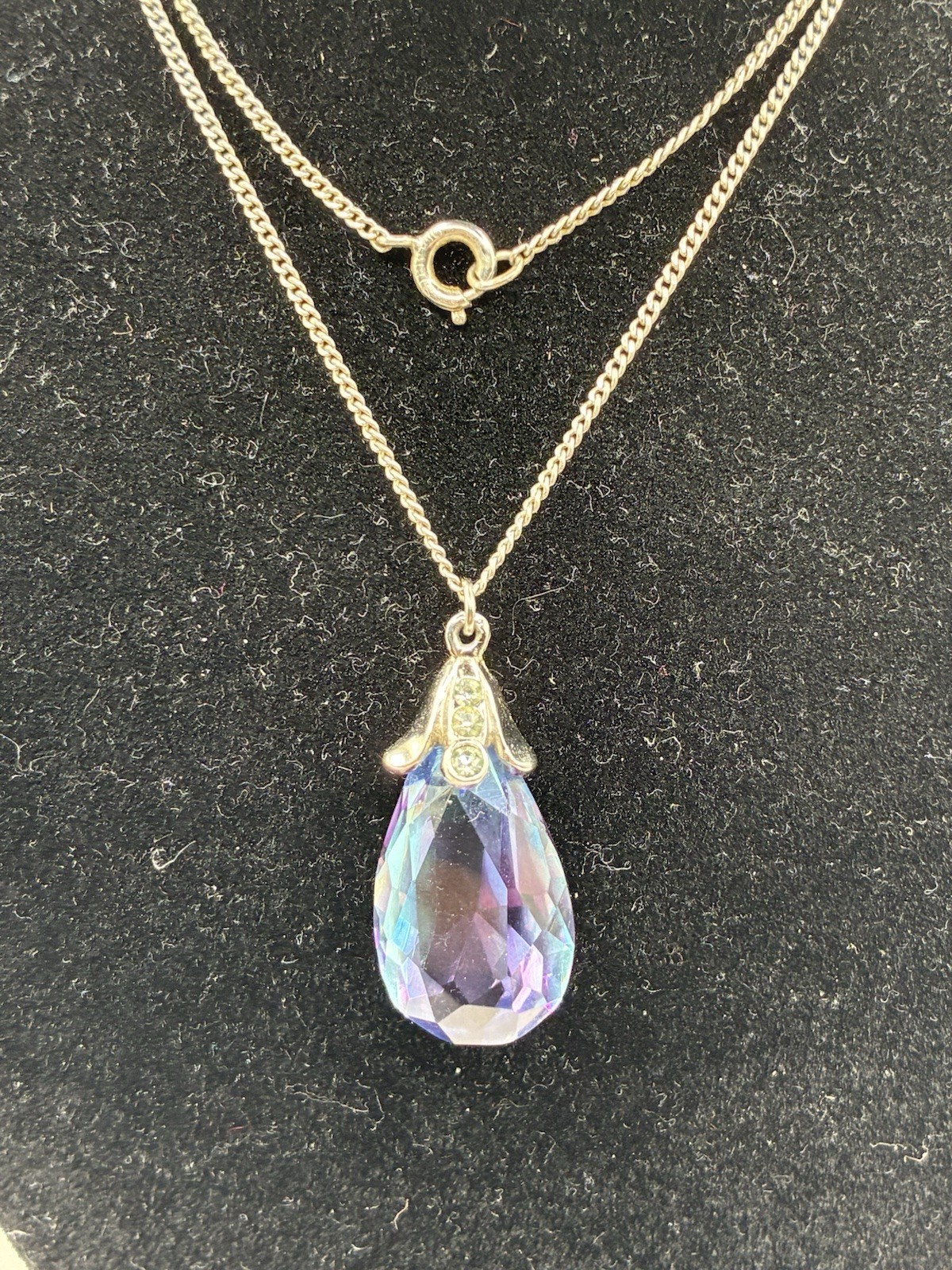 Vintage Purple/Blue Faceted Pear-Shape, CZ Bail Crystal Pendant On 925 18” Chain