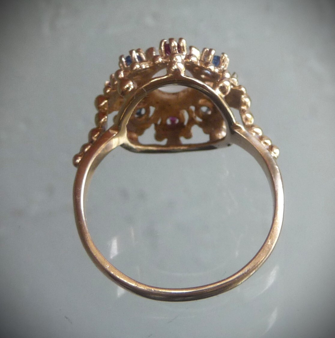 AMAZING RARE VINTAGE 14K ETRUSCAN MEDUSA MOONSTONE RUBY SAPPHIRE HALO RING!