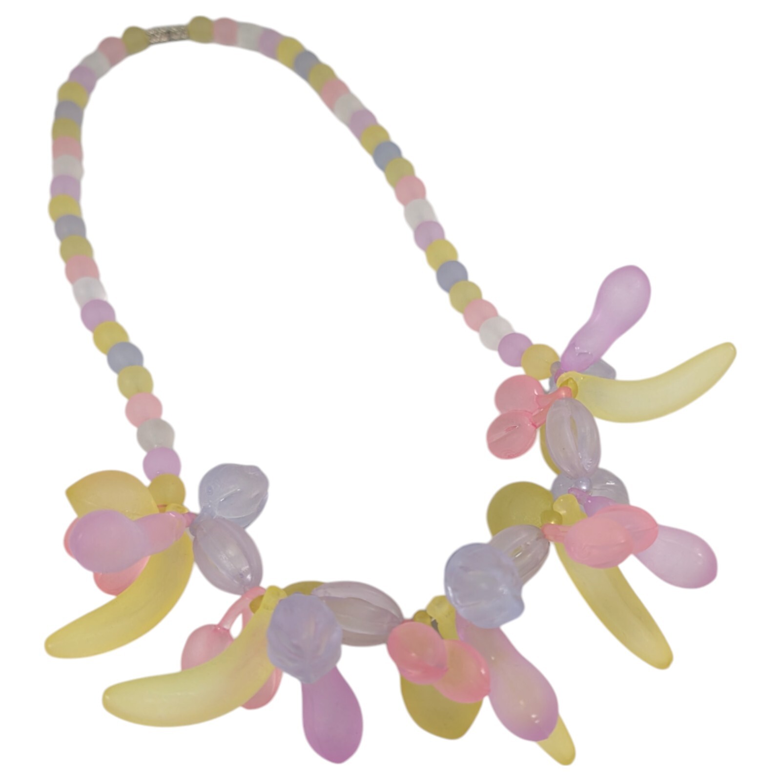 Cute Frosty Beaded Fruit Salad Necklace Pastel Pink Yellow Purple 20″ Vintage