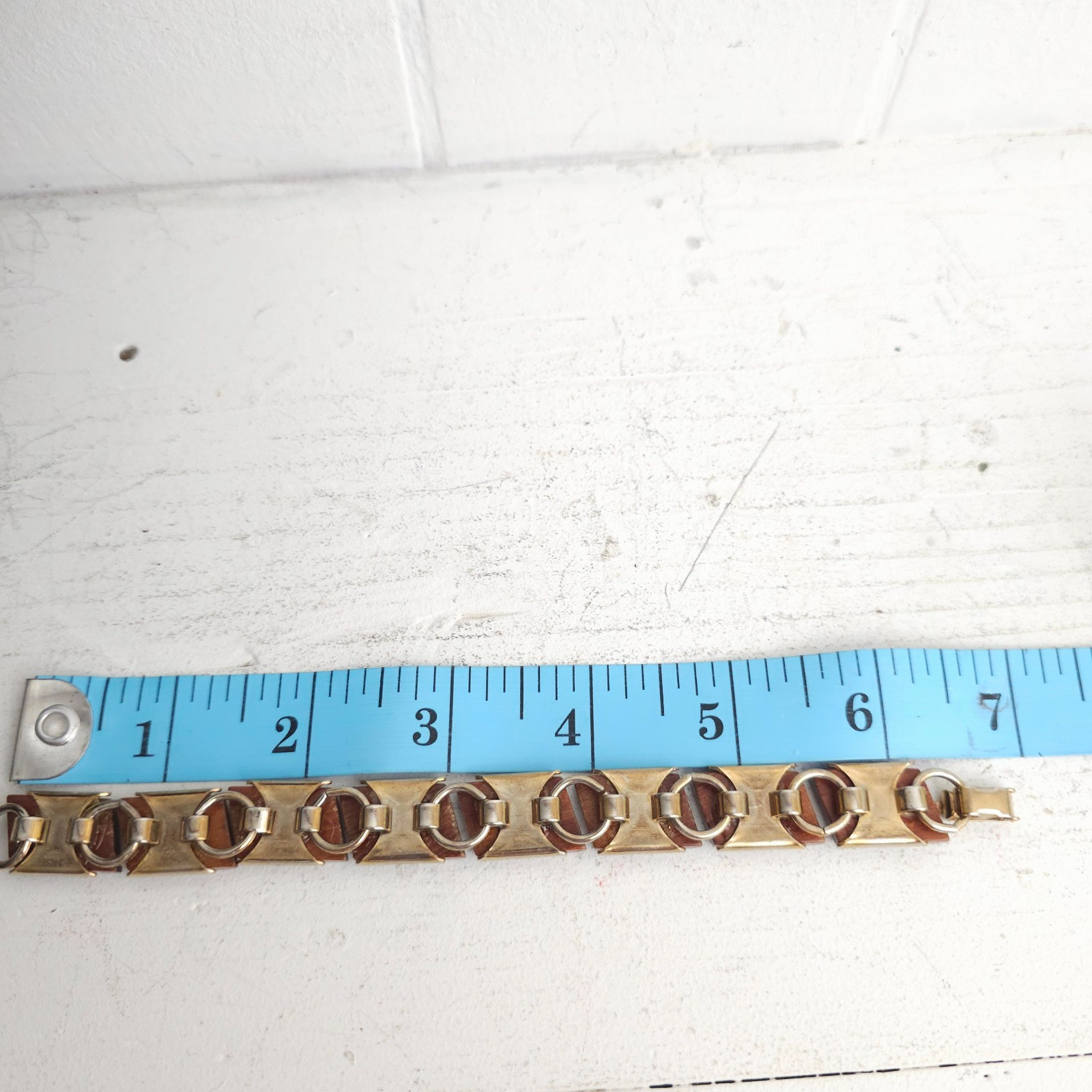 Vtg Modernist MCM Wood Tile Link Bracelet Boho 1960s 70s Earthy Natural Minimal