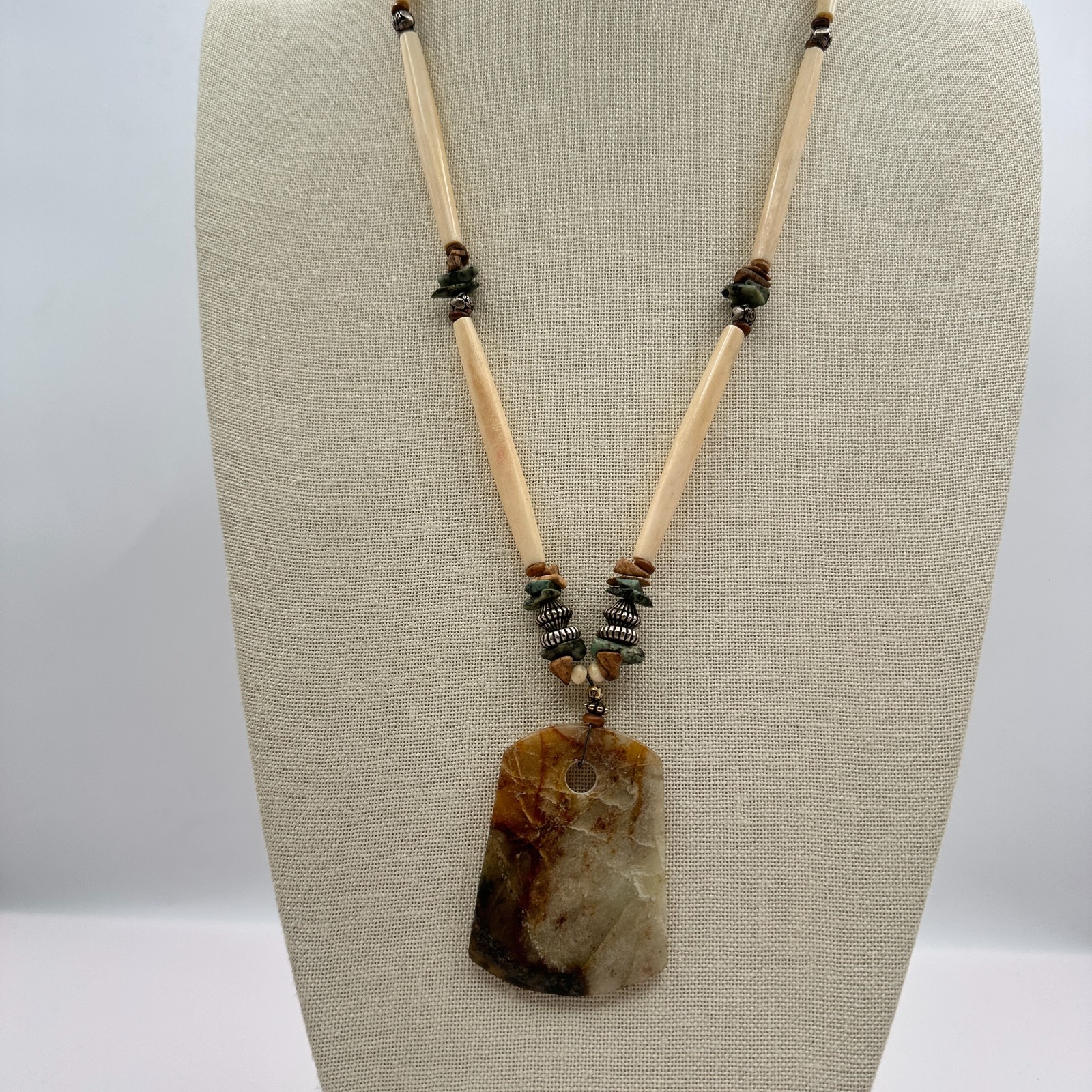 Vintage Southwestern Earthy Resin Pendant Hairpipe Necklace Boho Bead Statement