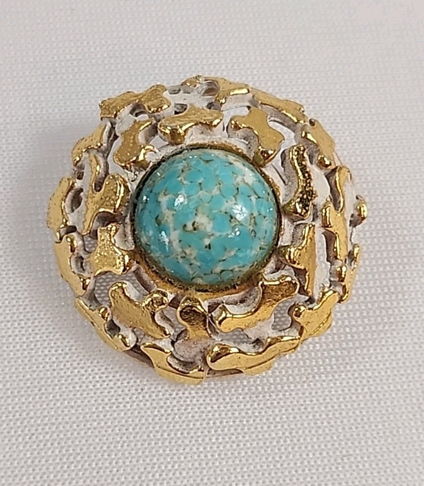 VTG Signed Zentall Antiqued Gold Tone Brooch Pin Stone Cabochon