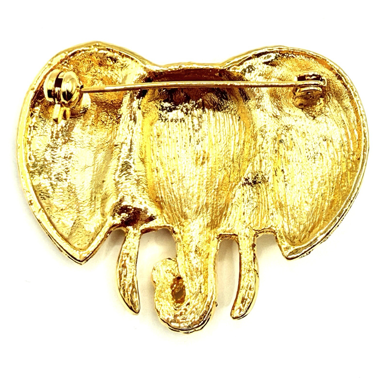 Vtg Goldtone Brooch Pin Elephant Head Textured Tusks Enamel Red Eyes Shiny Z