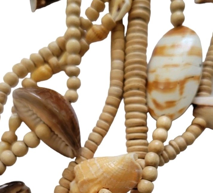 Sea Shell & Hand Carved Wood Bead Multi 7 Strand Necklace Unique Ocean Jewely