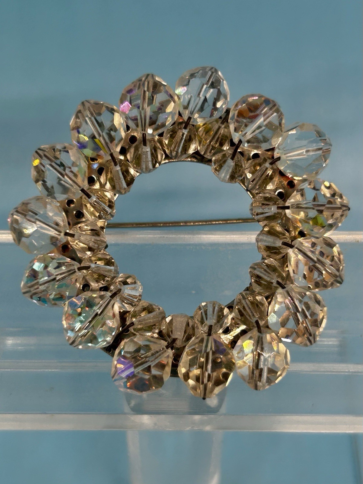 Vintage Clear AB Aurora Borealis Crystal Beaded Round Open Wreath Brooch Pin
