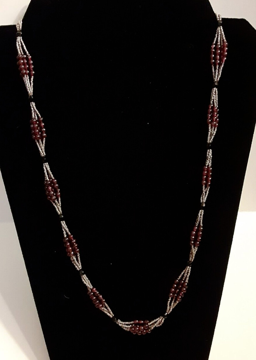 Vtg Artisan GARNET GLASS & Micro beaded Silver Hook Clasp Necklace