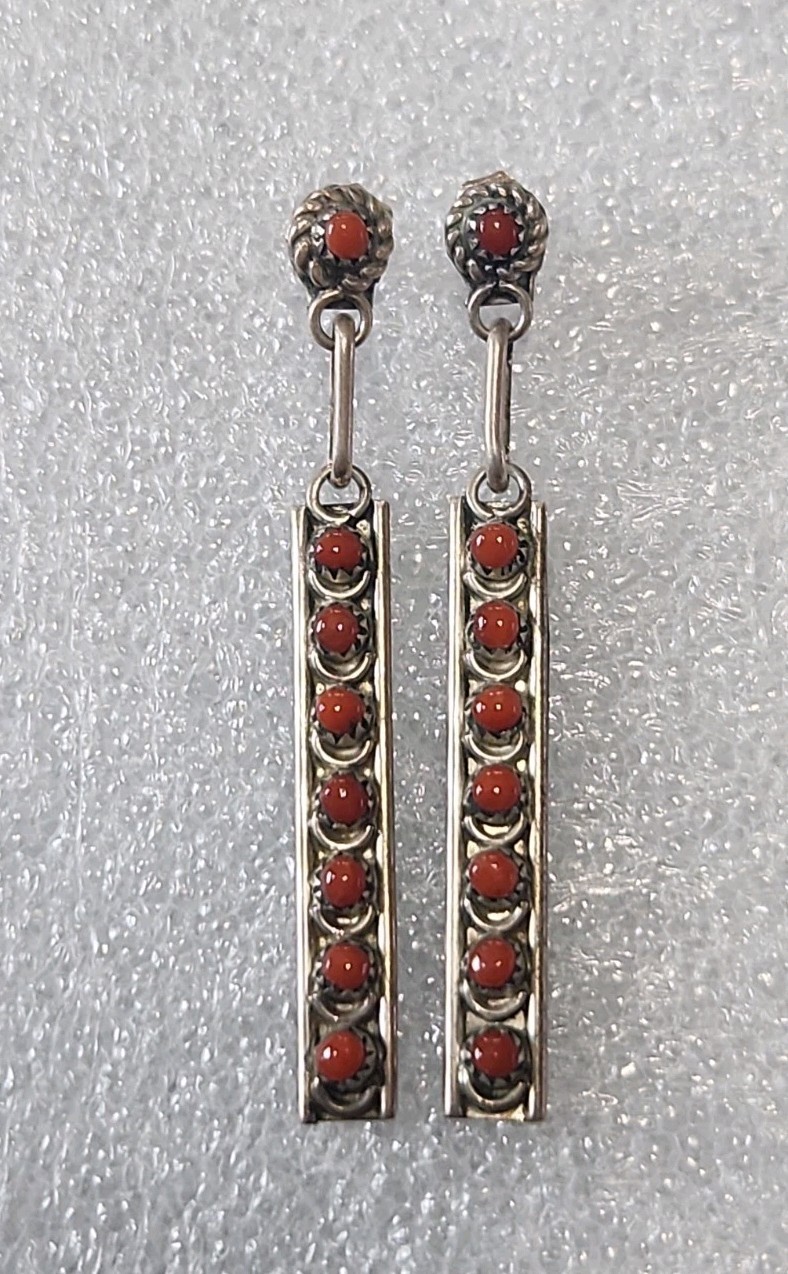 Antique silvertone red coral stone slender dangle drop intricate designed…