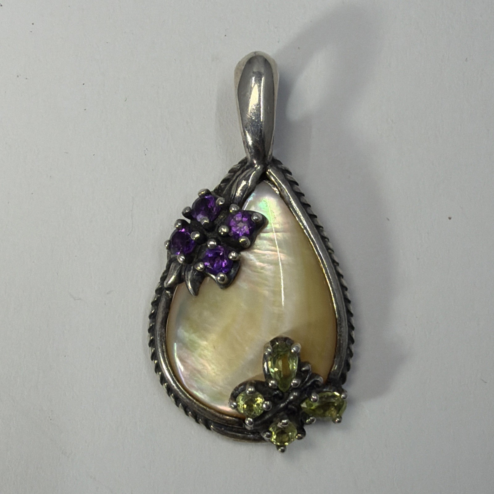 Vtg Carolyn Pollack Relios Mother Pearl Multi stone Flower Butterfly Pendant 925