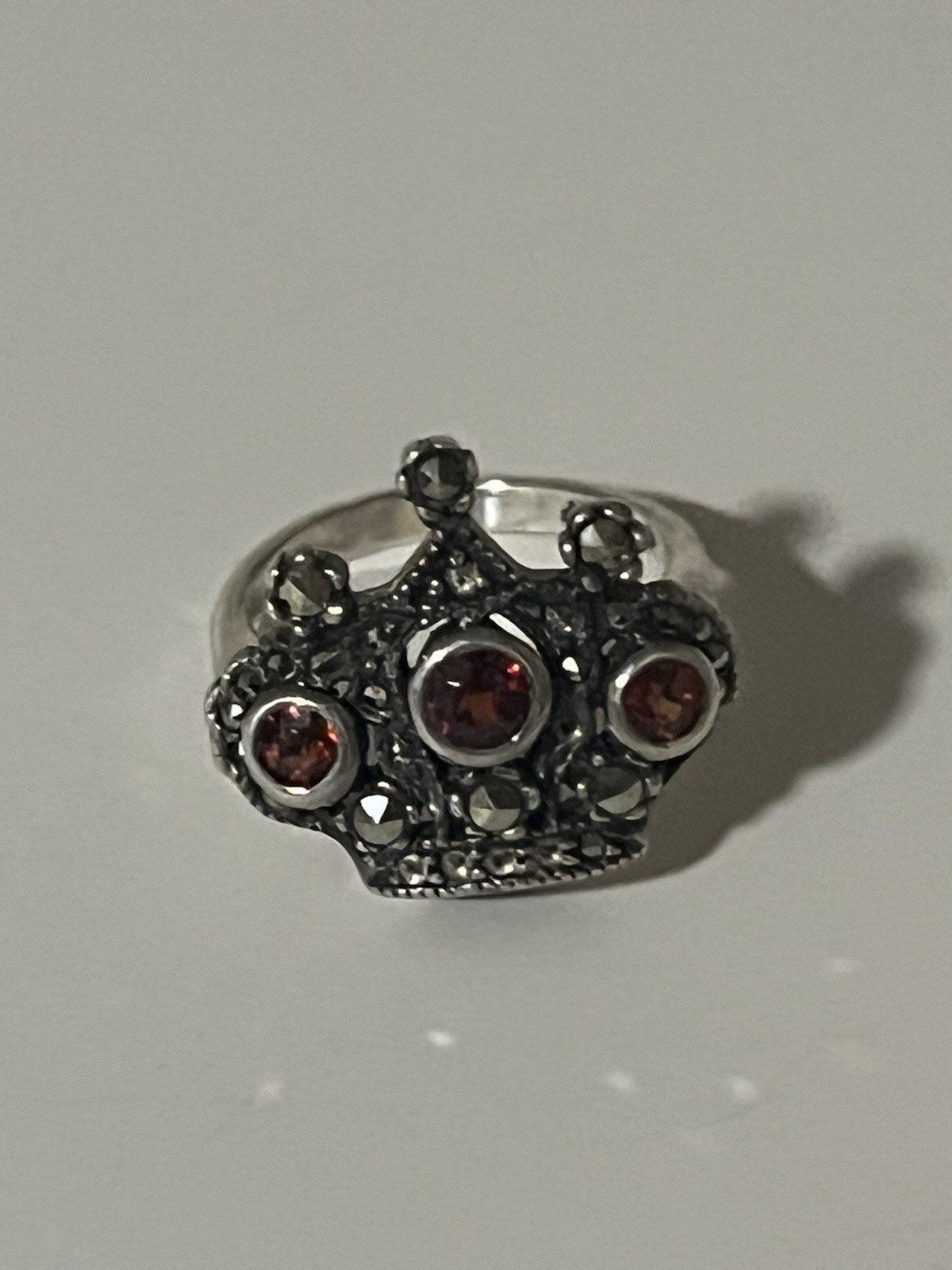 Vintage Sterling Silver 925 Crown Ring Red Stones Marcasite