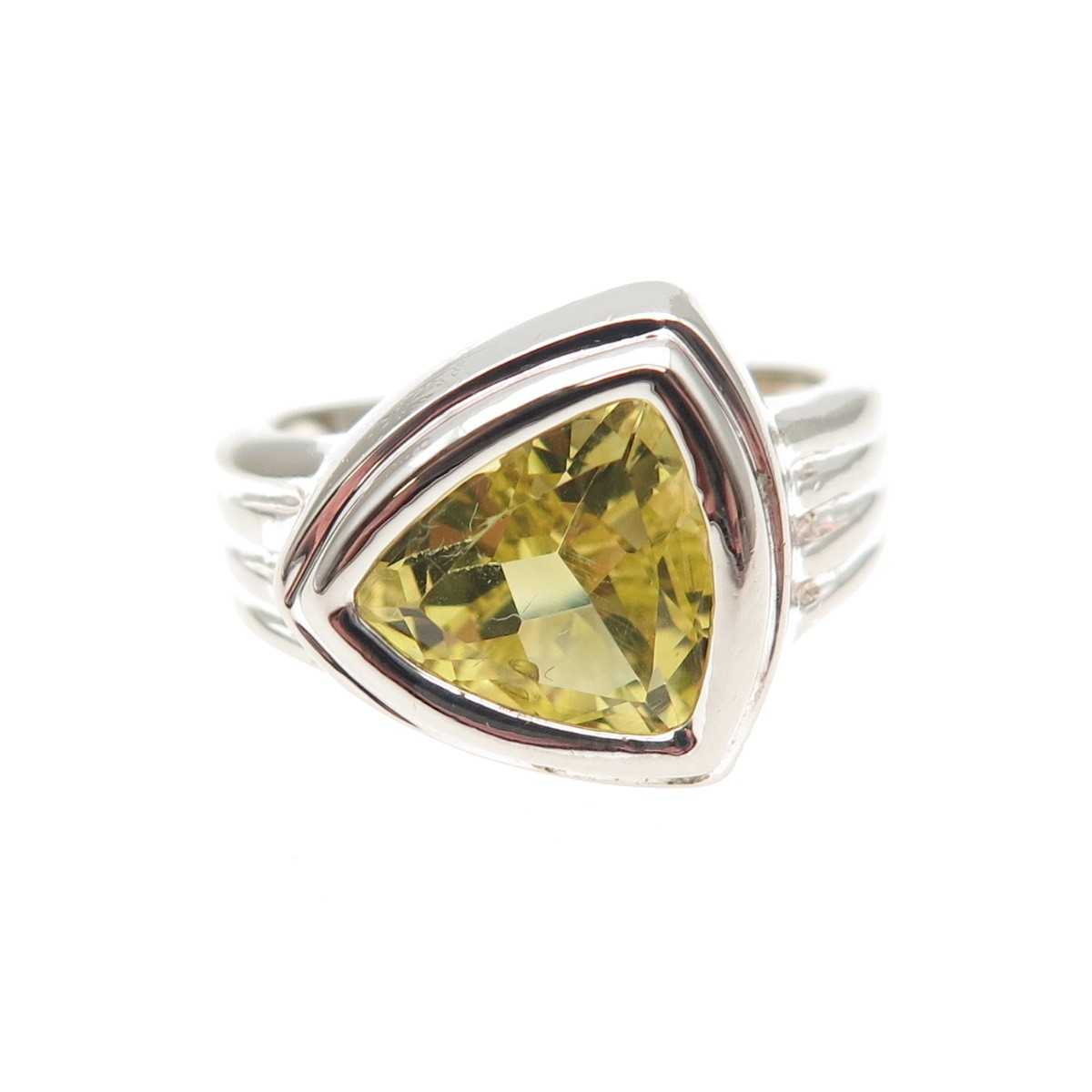 925 Sterling Silver Vintage Real Lime Green Quartz Modernist Ring Size 6.25