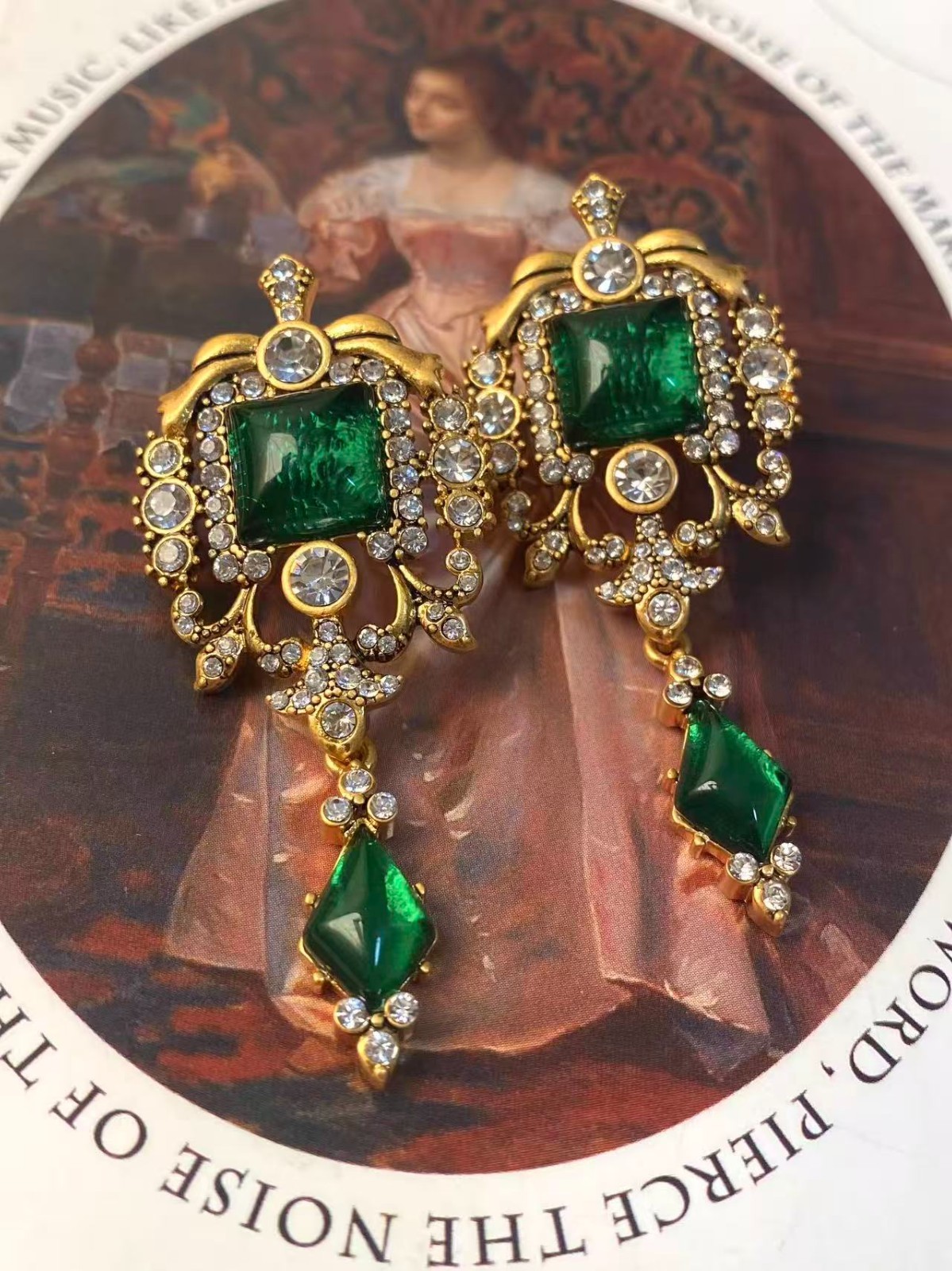 Vintage Emerald Green Crystal Drop Earrings Gold Baroque Statement Earrings