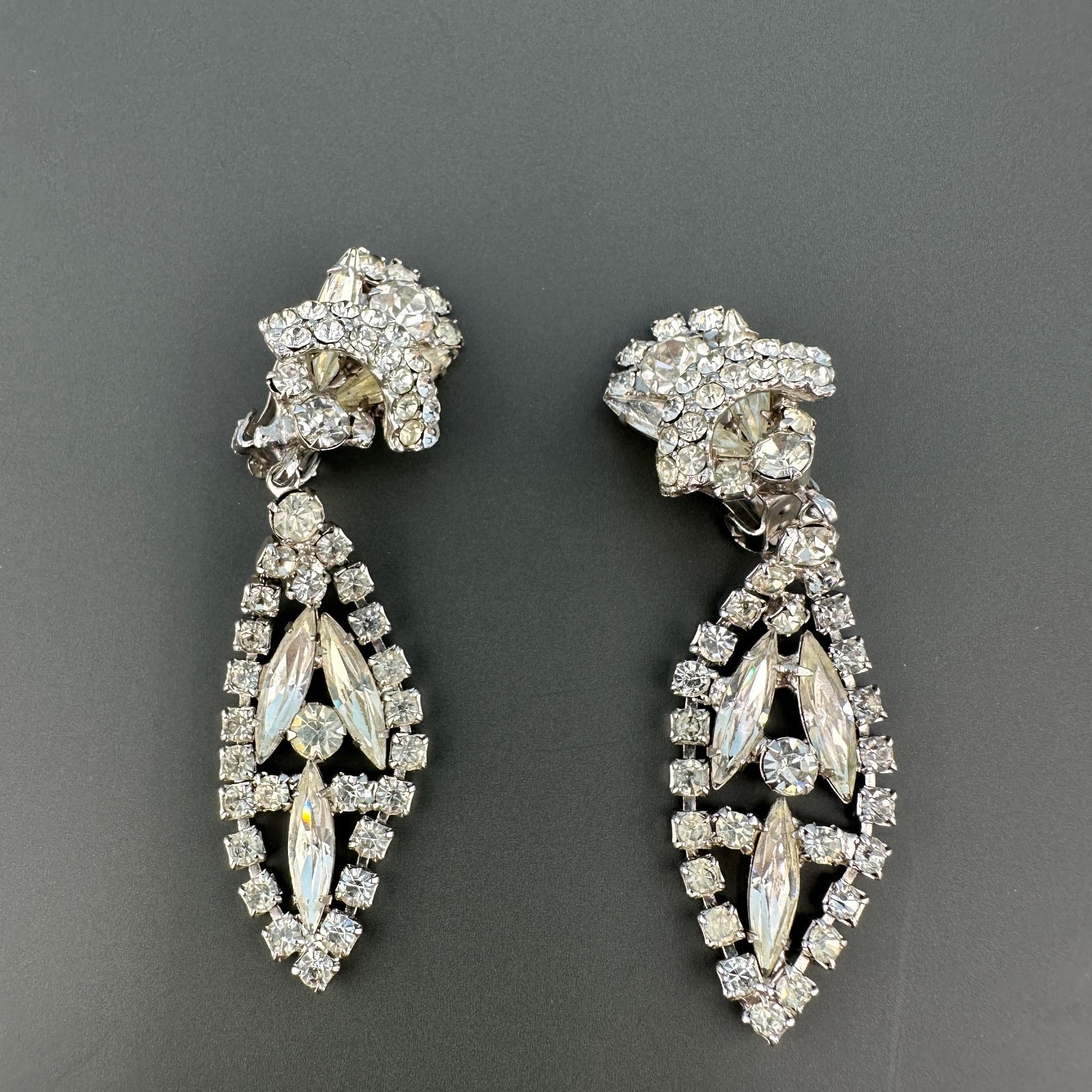 Vintage Rhinestone Earrings Chandelier Drop Clip On Statement Bridal Art Deco