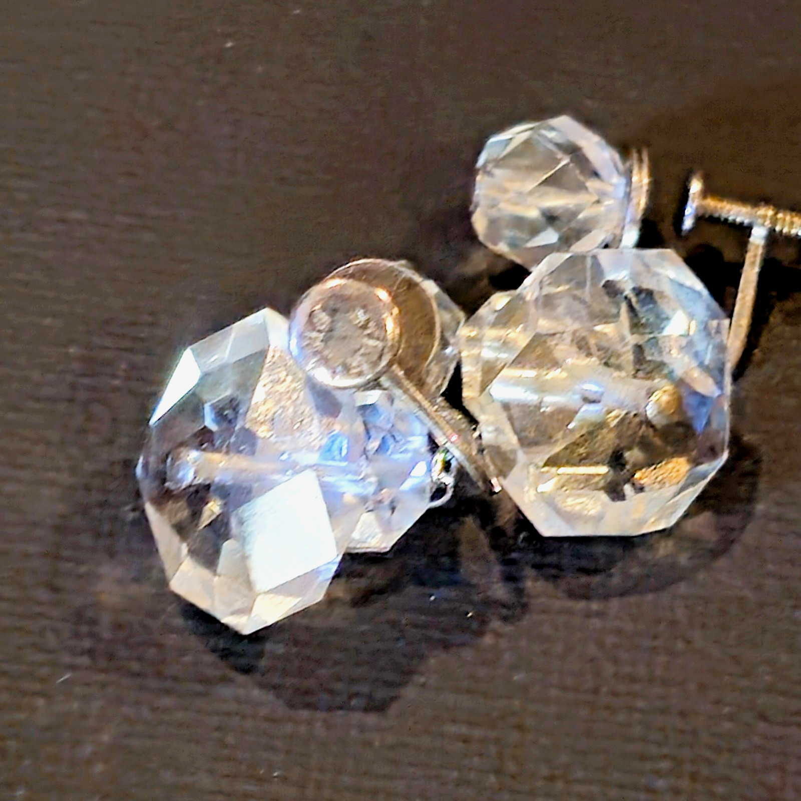 Vintage Sterling Silver Clear Crystal Screw‑Back Earrings – Faceted Glass Drops,