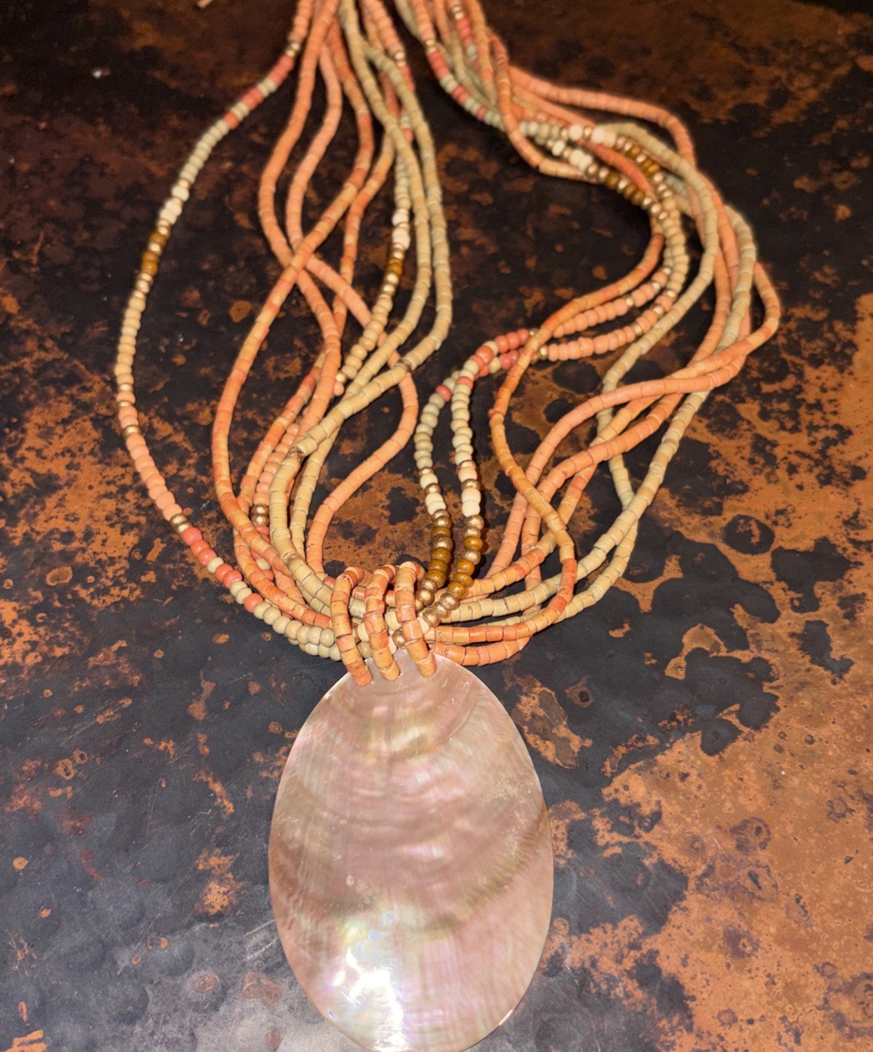 VINTAGE RED CORAL Wood Small BEADS AND LG ABALONE SHELL PENDANT NECKLACE coastal